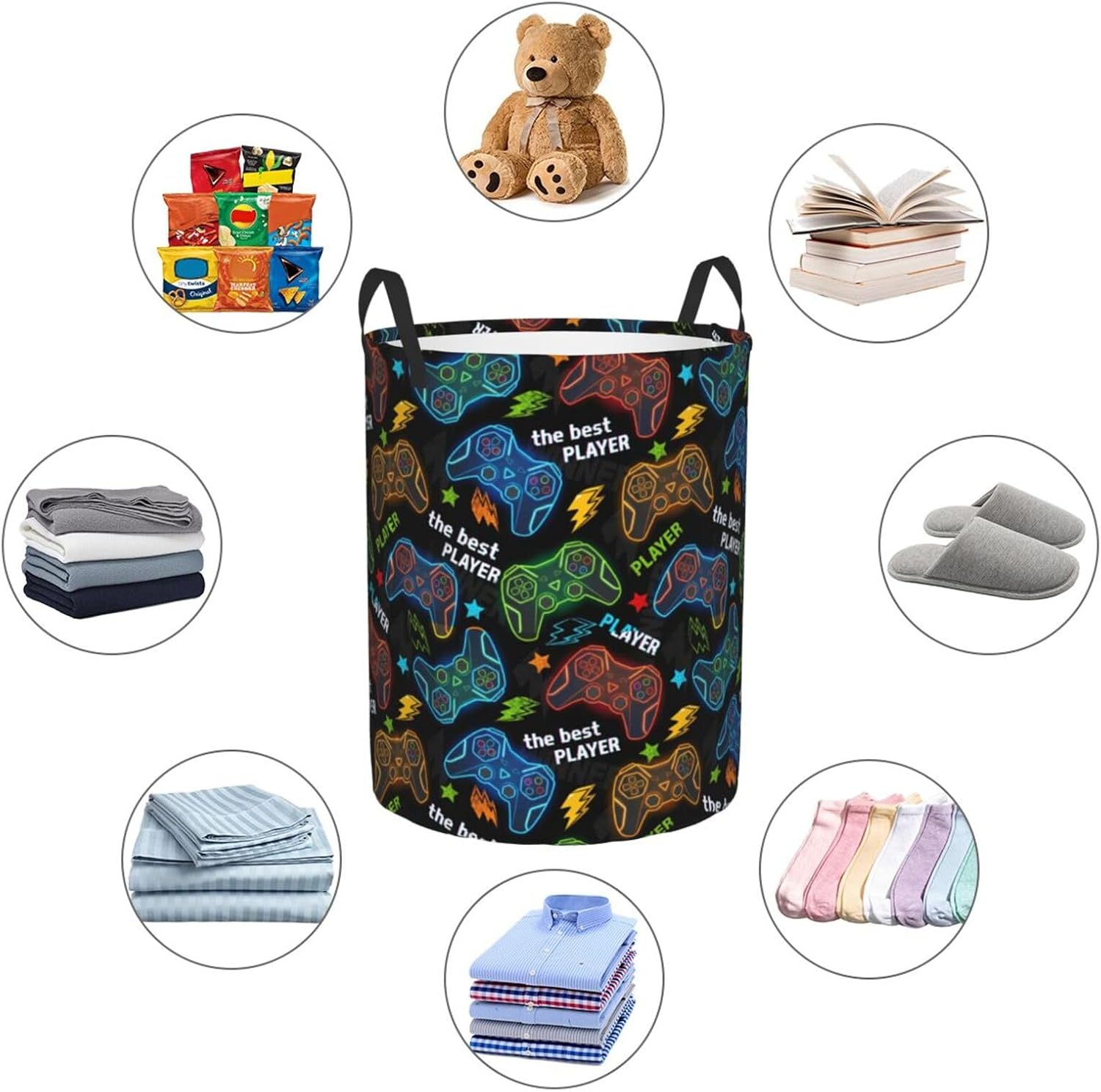 Video Game Controller Colorful Laundry Hamper Bag With Waterproof Liner - Round Laundry Basket Foldable Clothes Storage Organizer For Bathroom Bedroom Nursery Dorm, M-19.6"X 15.7"