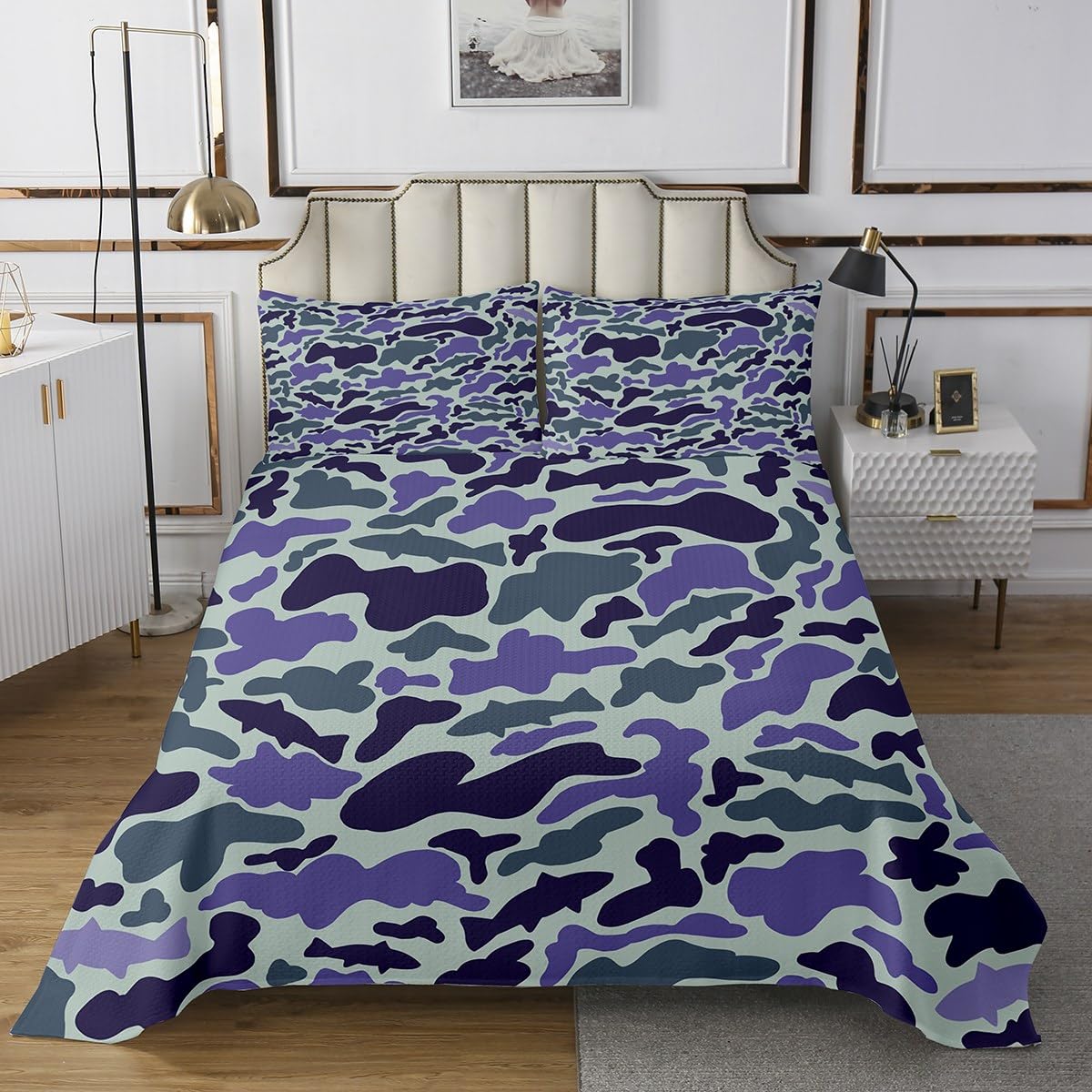 jejeloiu Camo Fish Hunter Bedspread Twin Size Kids Bass Pike Fish Coverlet Set for Boys Girls Teens Camouflage Quilted Coverlet Soft Lightweight Microfiber Fish Hunting Room Decor Grey