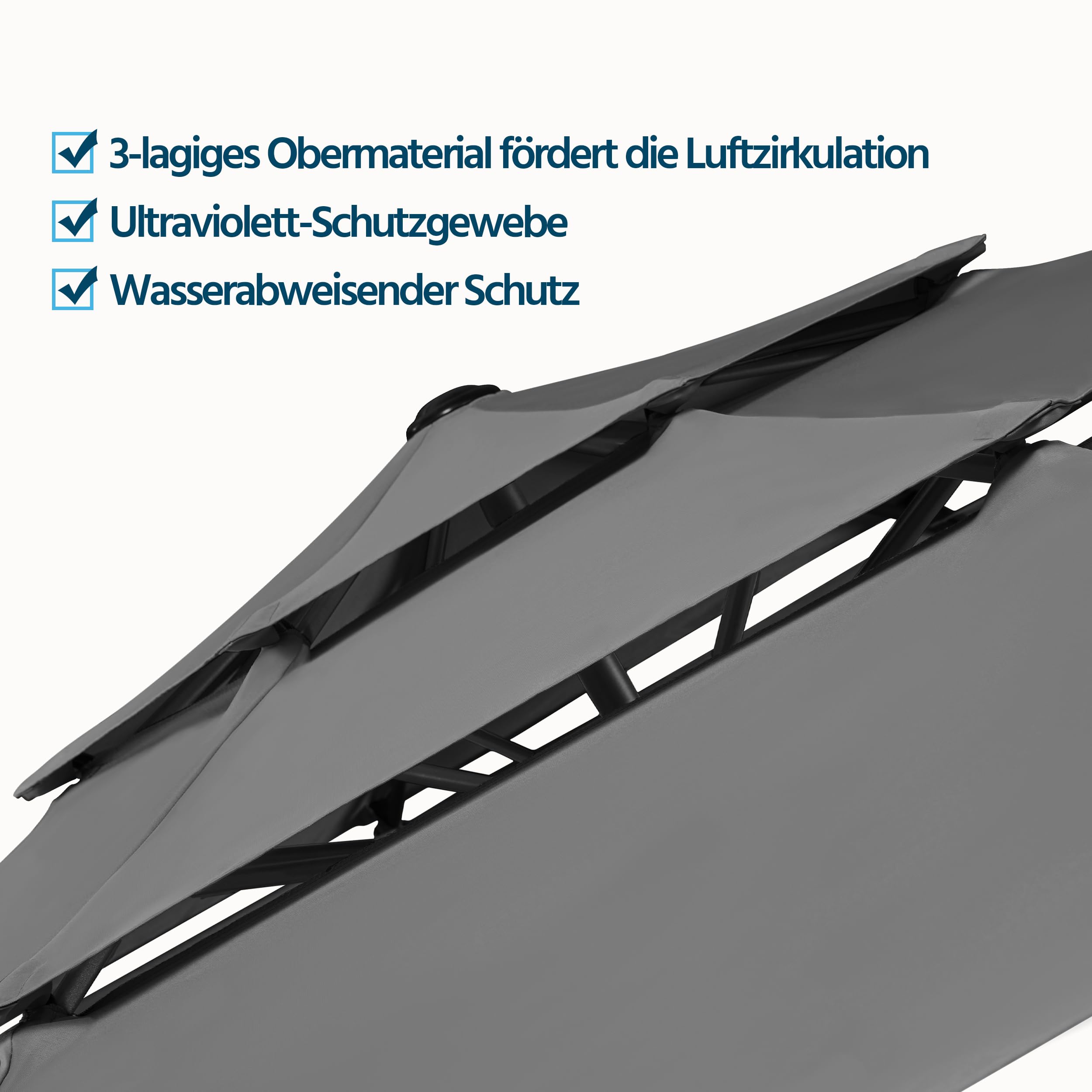 Yaheetech Parasol przeciwsłoneczny z 3-warstwowym dachem Φ 324 cm, odchylany parasol ogrodowy, ochrona przed promieniowaniem UV, wentylowany, okrągły parasol do ogrodu/balkonu/tarasu/plaży, szary