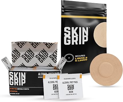 Skin Grip Libre 2 Patches & Alcohol Prep Pads Bundle 20 CGM Covers + 100 Wipes for Skin Prep & Sensor Removal Waterproof, Hypoallergenic