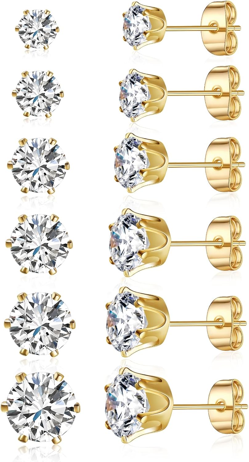 Gemsme 5 Pairs Princess Cut Cubic Zirconia Stud Earrings for Women/Men - 18K Gold Plated Hypoallergenic 3-7mm Square Clear CZ Earring Set