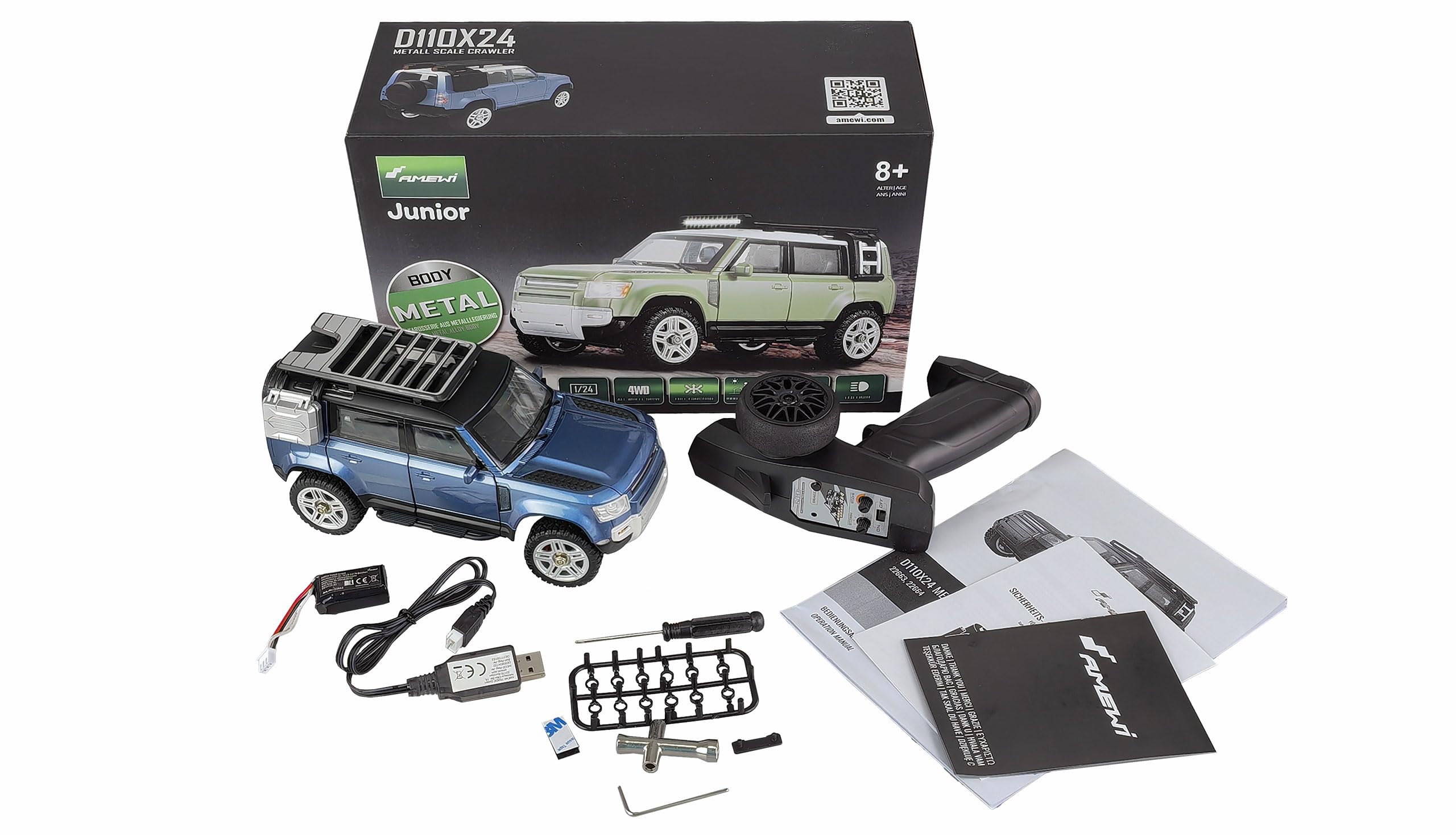 Amewi D110X24 Metall Scale RC Crawler zdalnie sterowany samochód 4WD 1:24 RTR niebieski