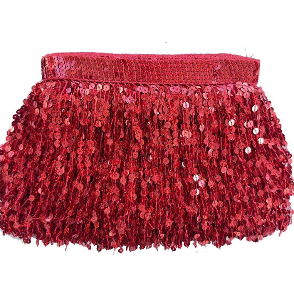 16cm x 10 Yard Fransenborte mit Pailletten Fransenband Paillettenborte zum Annähen Quastenbesatz Glitzer Quastenbesatz Borte Tirm Tanzfransen Nähzubehör Pailletten FransenRot