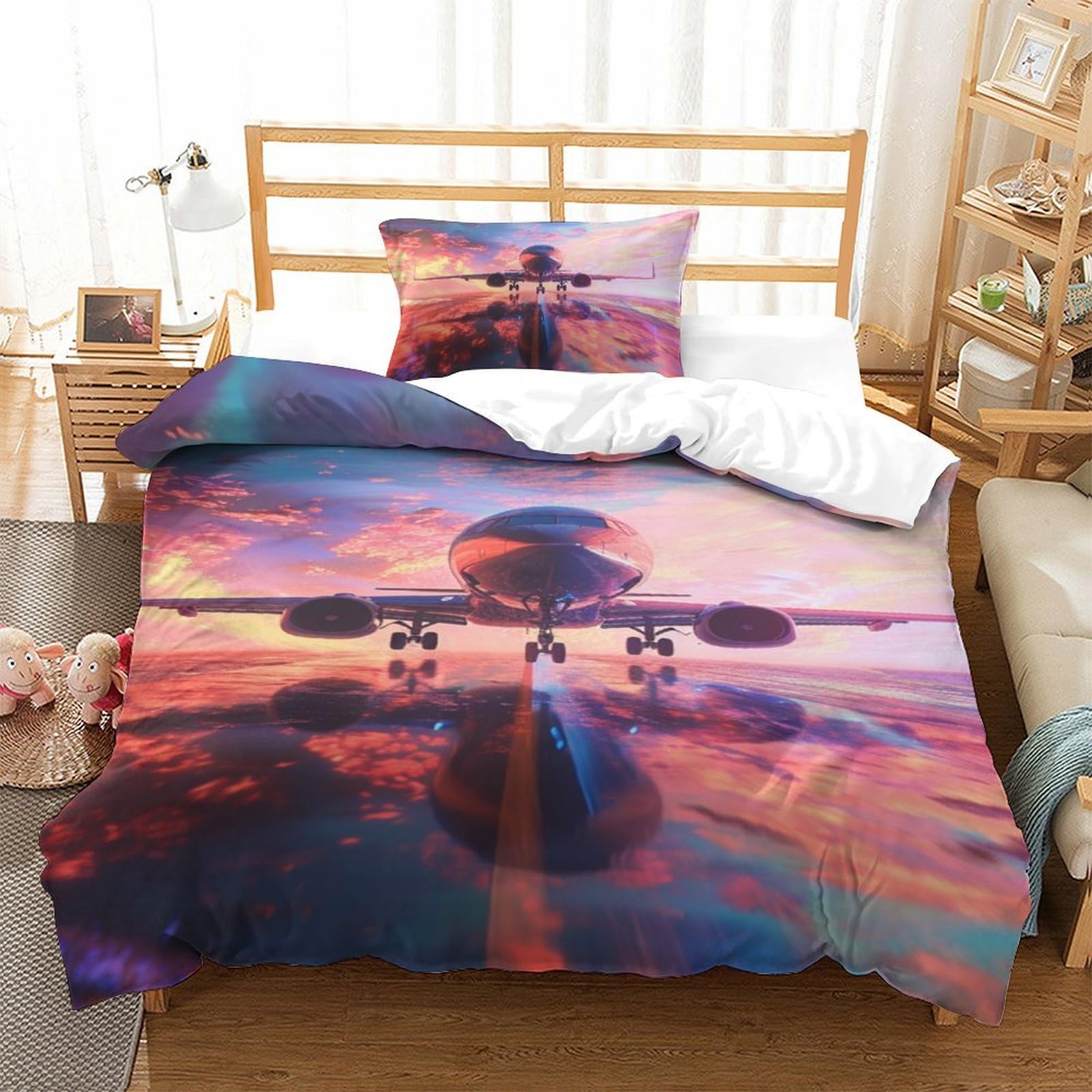 Ensemble de literie microfibre avion de passagers 3D avec housse de couette single 135x200 et taies