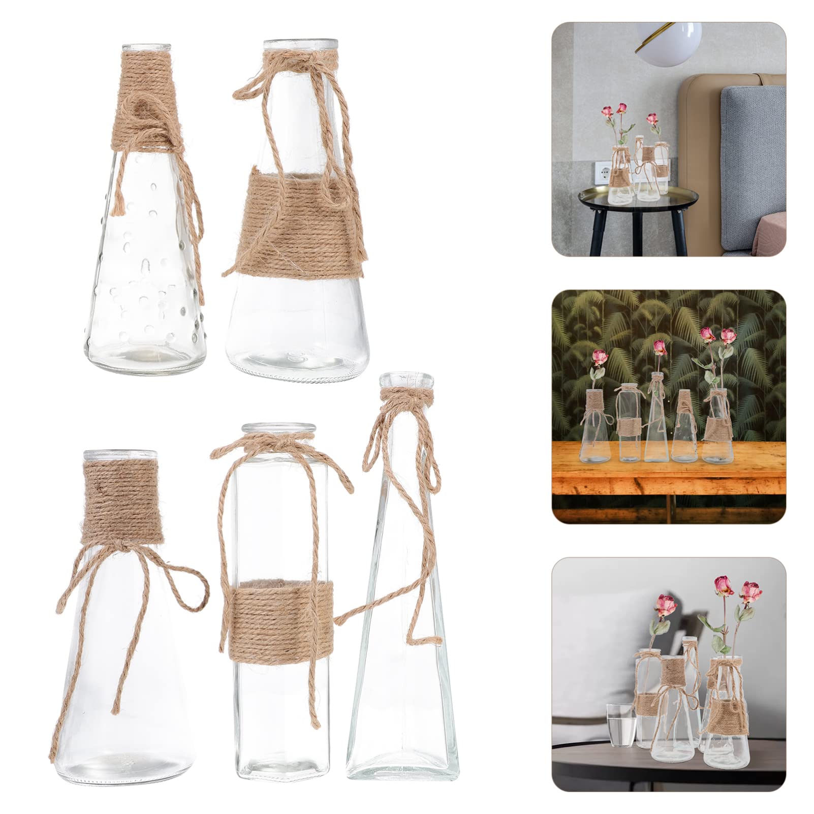 5 Stück Transparente Glasvasen mit Juteseil, Flacher Boden