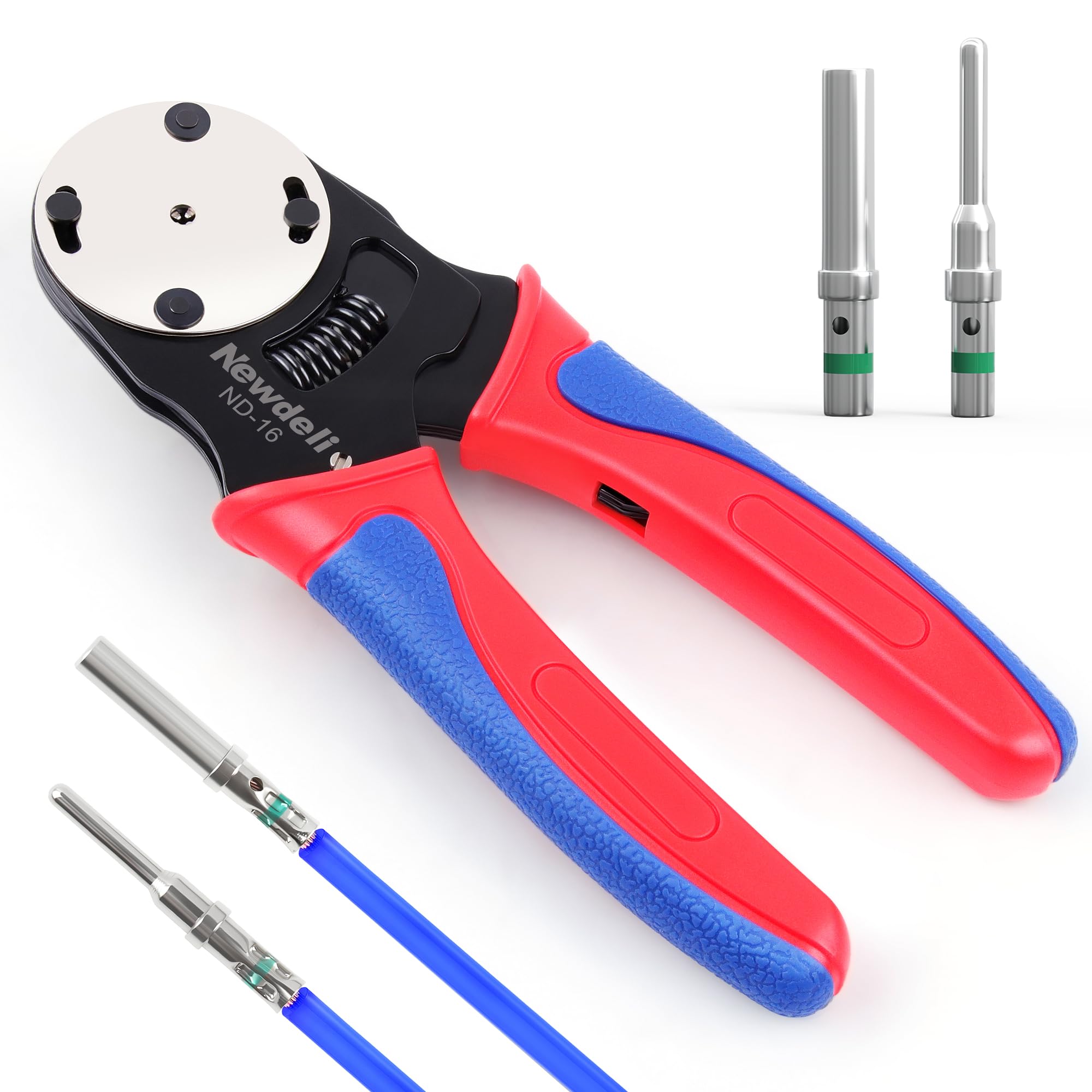 Newdeli Deutsch - Herramienta de crimpado tamaño 16, herramienta de conector Deutsch de 4 vías, 8 tipos de impresión, crimpadora de barril cerrado, 14, 16, 18 AWG, contacto de barril sólido y