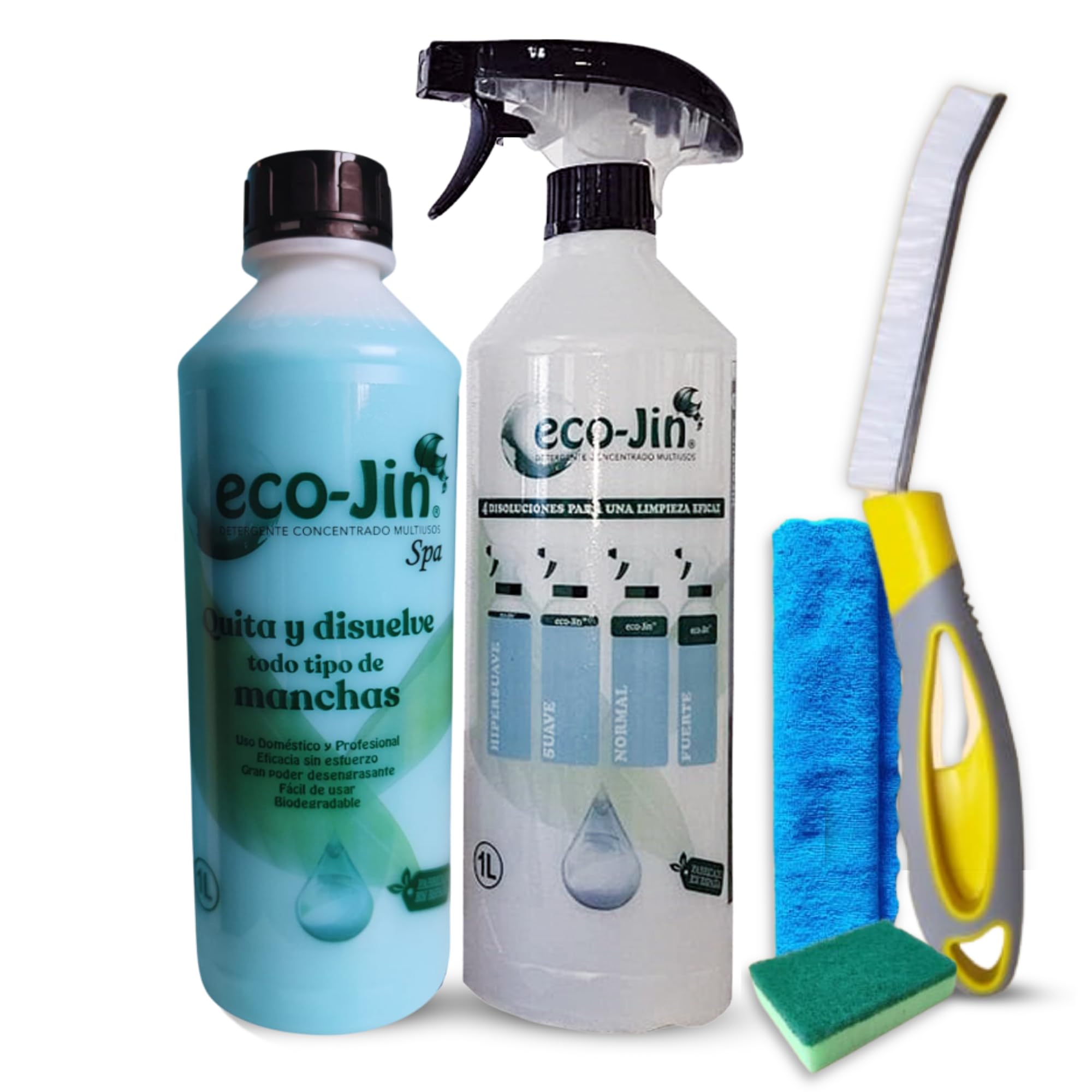 Eco-Jin Pack SPA | Difusor | Cepillo Para Juntas Amarillo | Bayeta Microfibra | Estropajo Con Esponja | Limpiador Multiusos