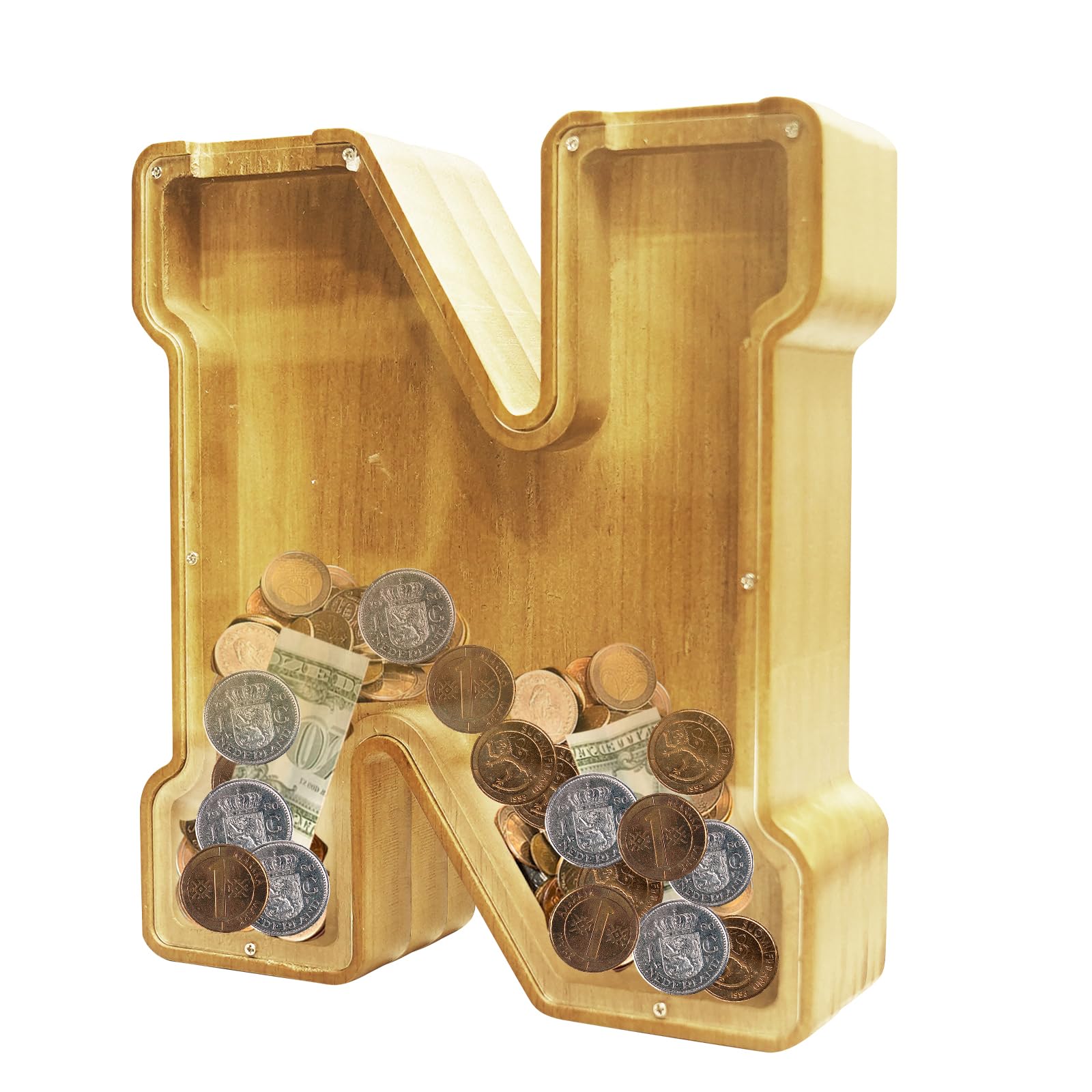 ANOTION 9" Large Piggy Bank for Kids, Wooden Letter Coin Bank for Boys Girls, Personalized Money Saving Bank Gifts for Birthday, Christmas (N)