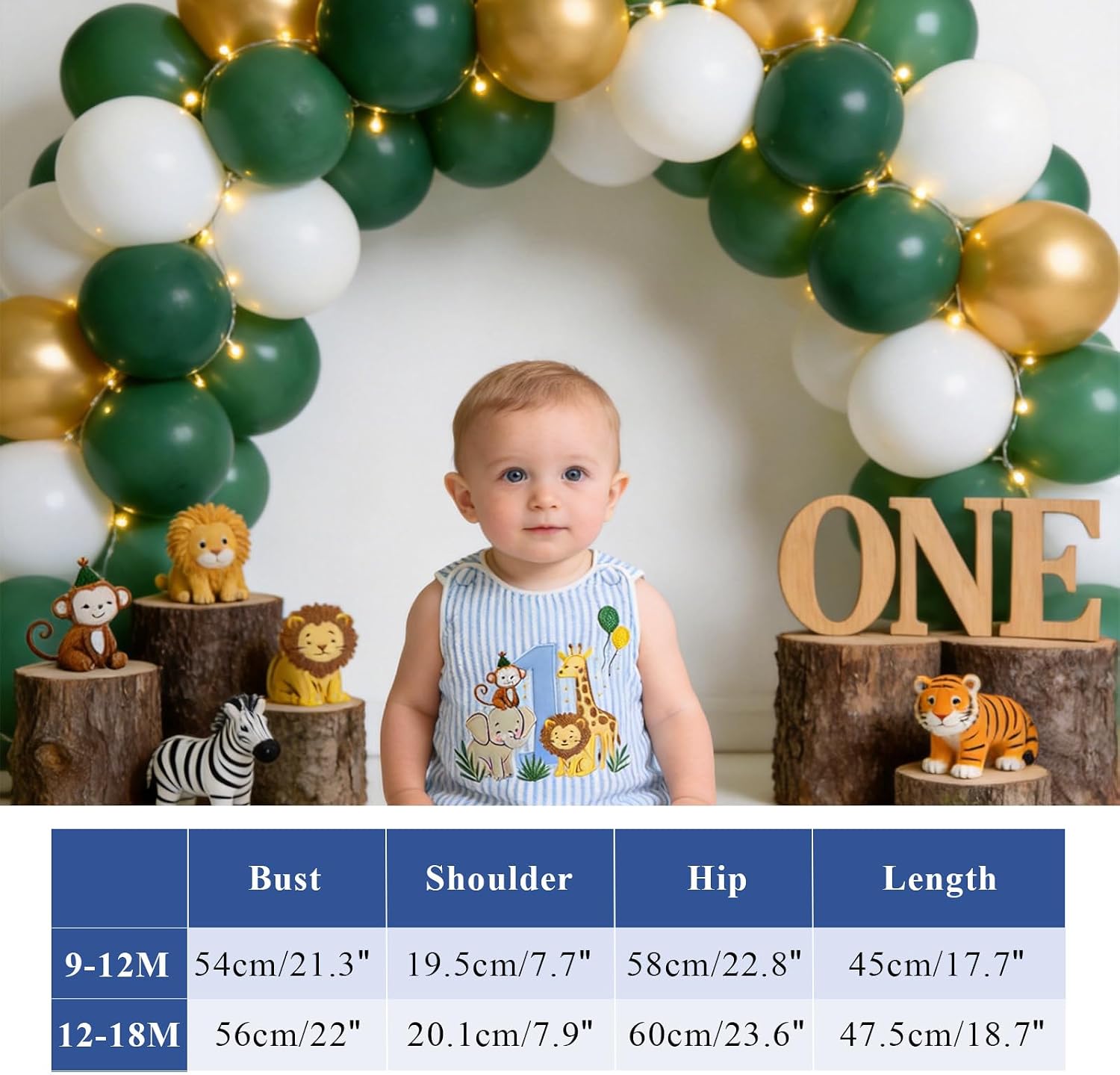 Baby Boy 1st Birthday Outfit, Safari Animal Embroidery Sleeveless One-Piece Romper Jumpsuit with Hat Headband Set