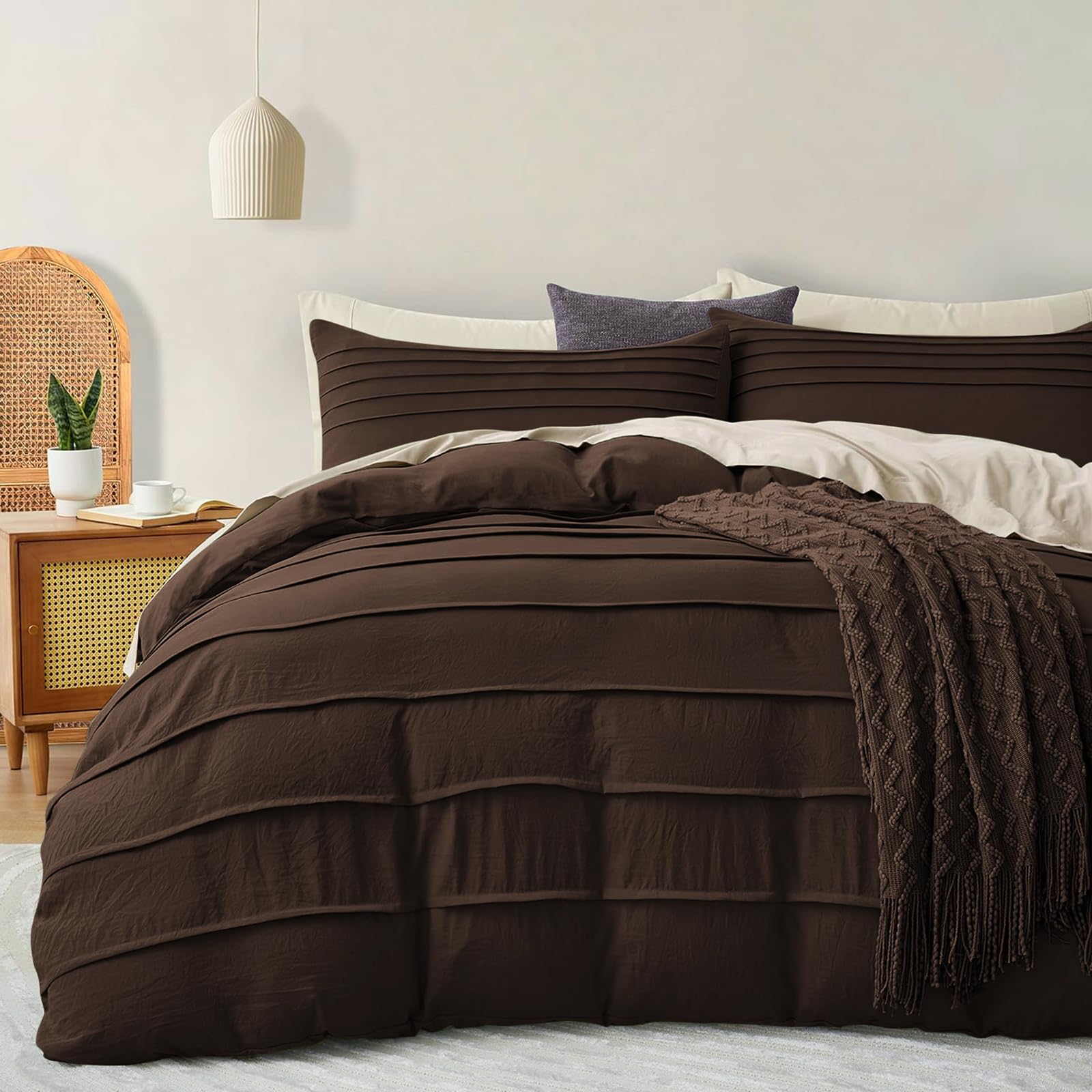 DJY Brown Duvet Cover Set Double Boho Pleated Microfiber Bedding 3PCS