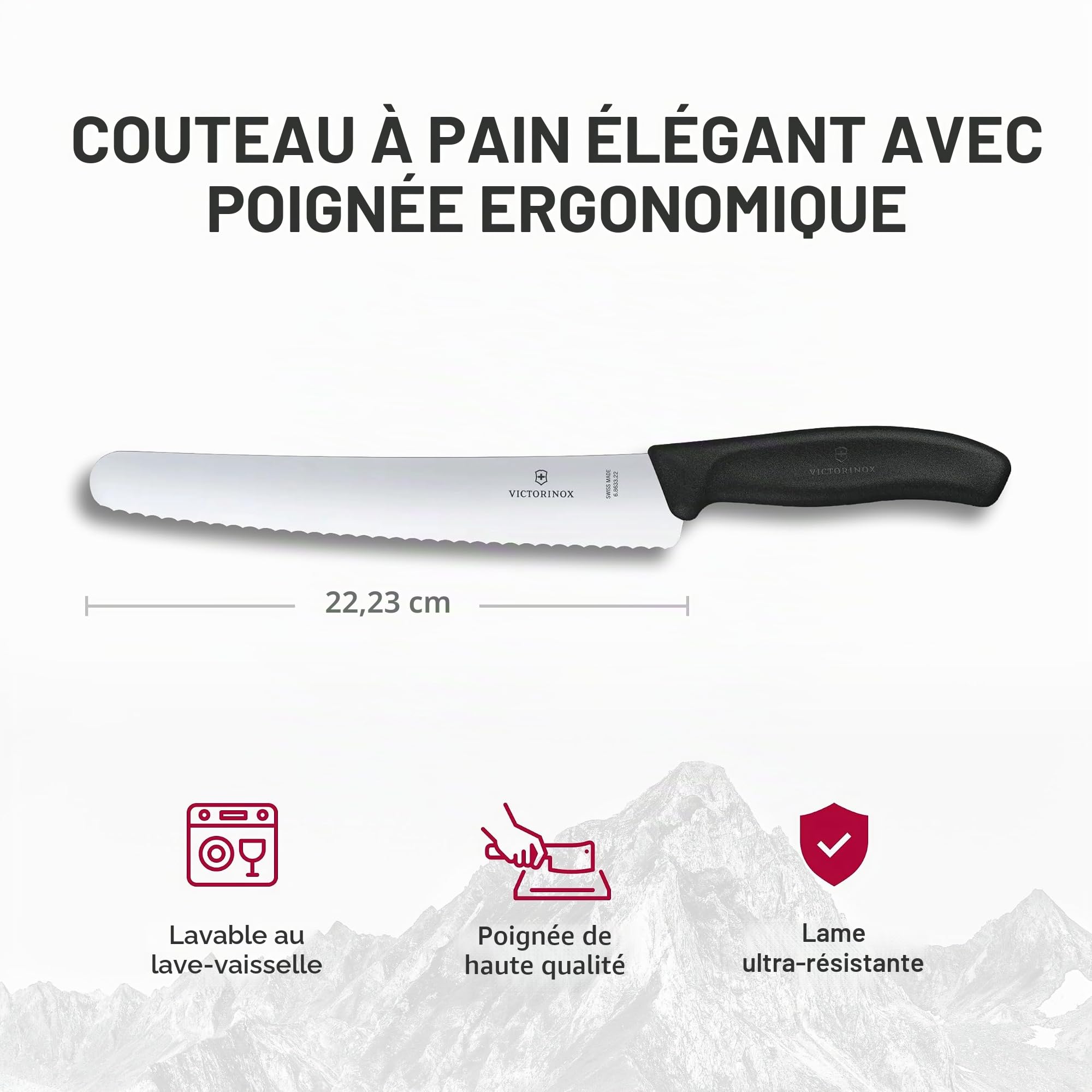 Victorinox Swiss Classic Couteau à Pain avec Tranchant Denté, Inoxydable, Acier Inoxydable, Boîte Cadeau, Noir