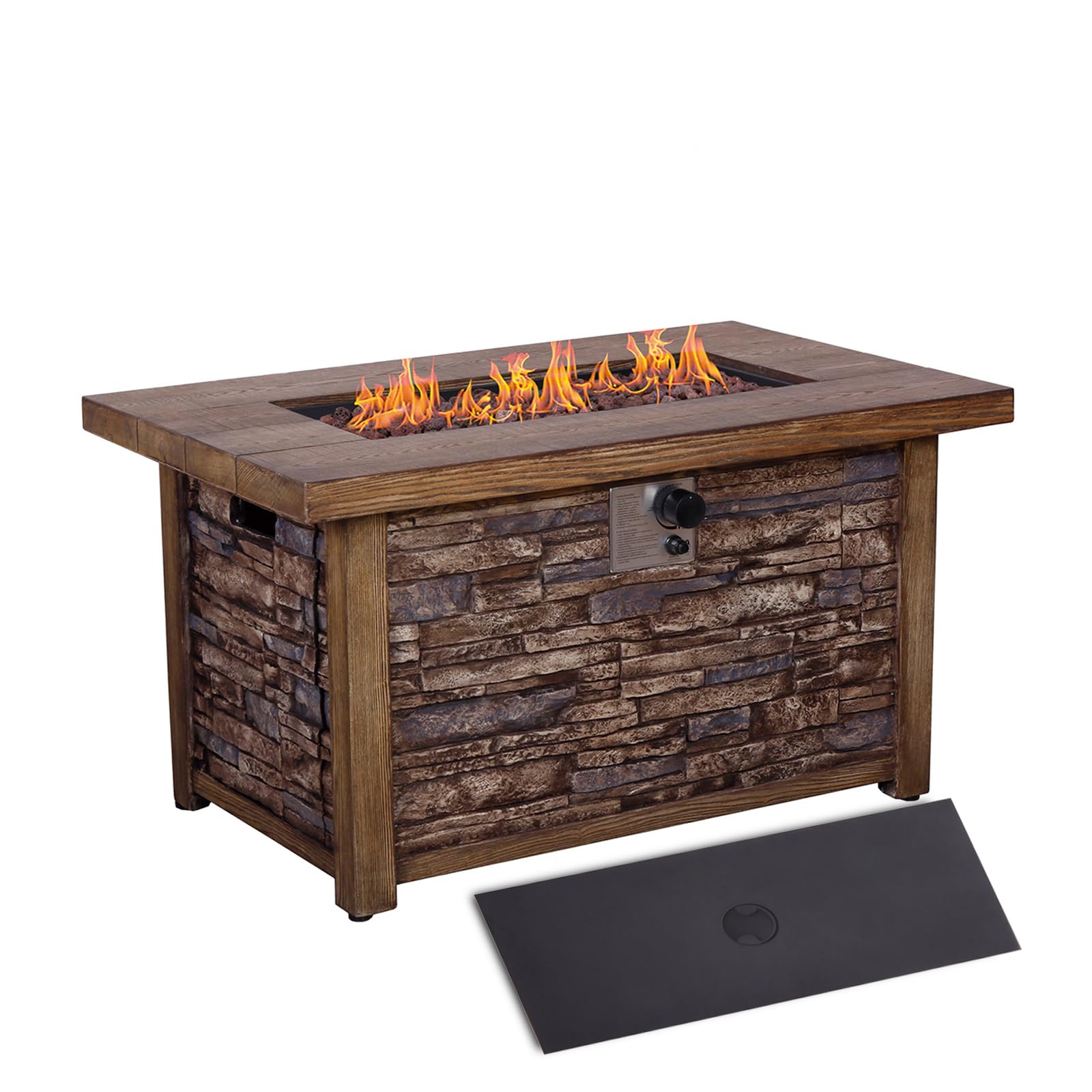 Afterglow rectangular fire pit table with flames, showcasing its elegant design and warmth.