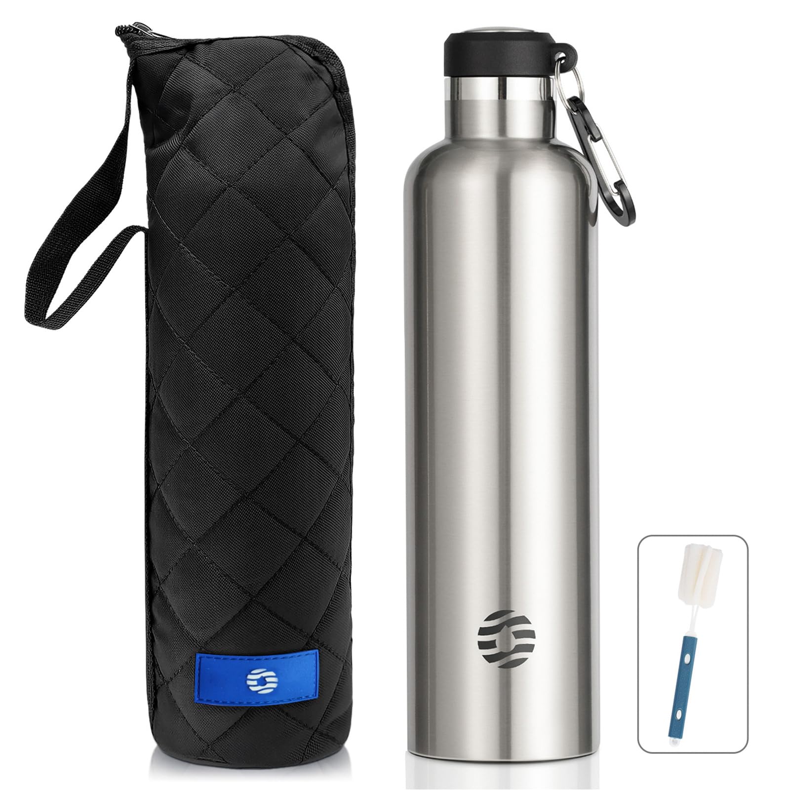 FEIJIAN Trinkflasche Edelstahl 1L/750ml - auslaufsicher BPA-Frei Thermosflasche für Kohlensäure Kaffee Tee, Sport Outdoor Wasserflasche mit Karabiner für Uni, Schule, Camping, Fahhrad
