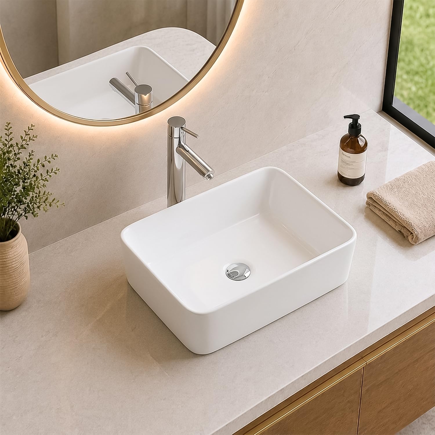 BELOFAY Counter Top Bathroom Sink Basin – Modern White Ceramic Wash Basin with Scratch-Resistant Gloss Surface – Sink basins for Cloakroom,Vanity Cabinet and Bathrooms (Rectangular 1)