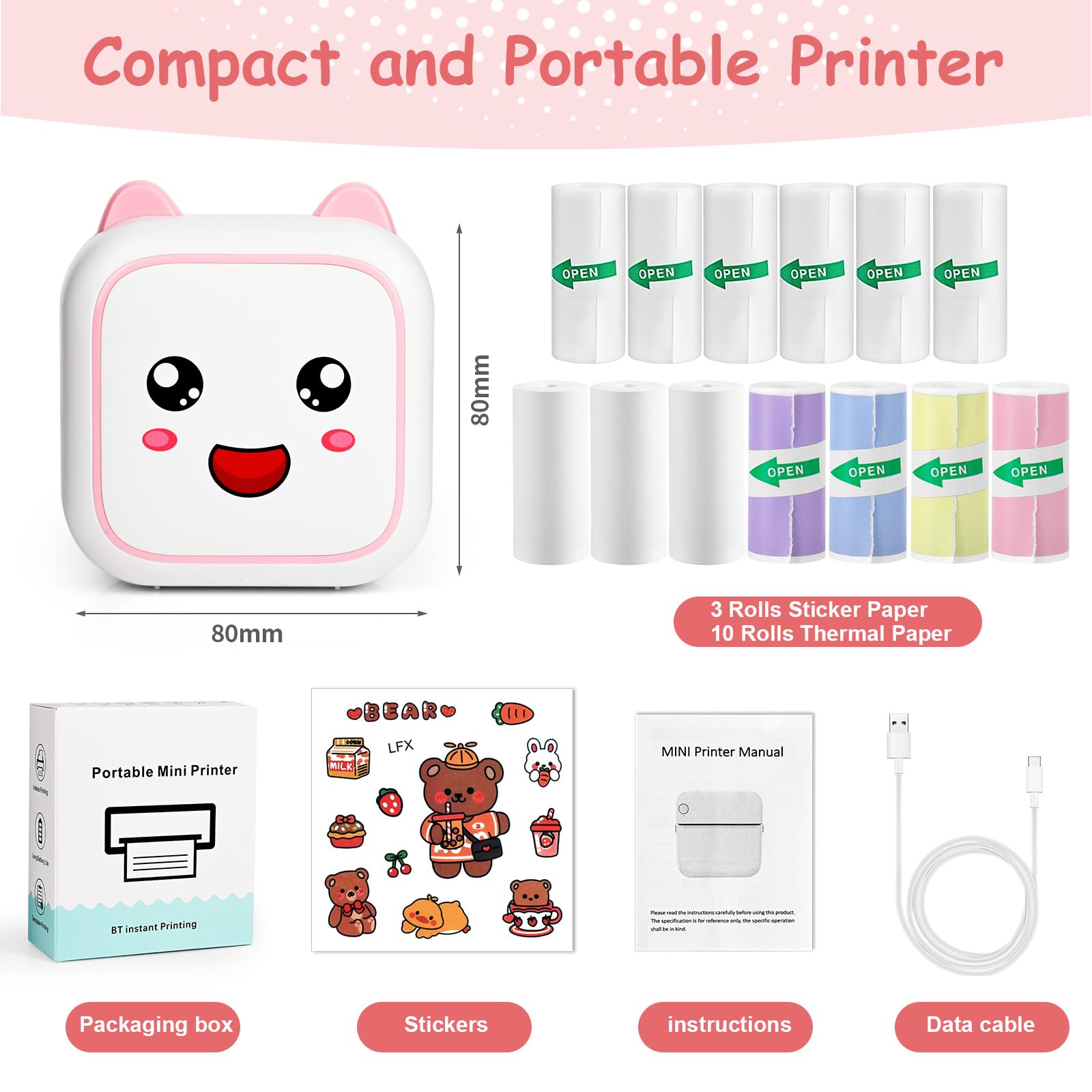 Mini Stampante Fotografica Termica Portatile Bluetooth con 13 Rotoli di Carta, Rosa