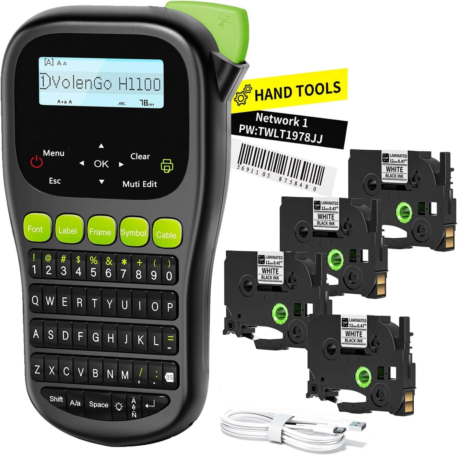 H1100 Label Maker Machine with 4 Tapes, Backlight Label Maker, Handheld Label Printer for 12mm Waterproof Freezer Labels, QWERTY Keyboard & 3 Cable Modes, for Home & Office