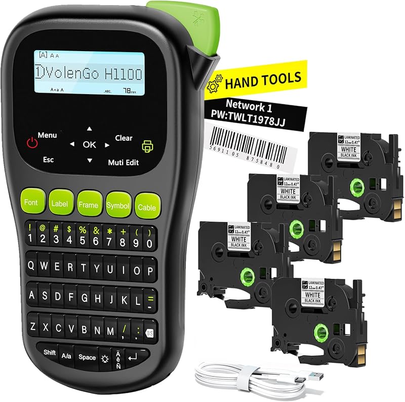 Label Maker Machine with 4 Tapes, Wire Label Maker Waterproof-Labels | Laminated Handheld Label Printer, Backlit & Portable & 3 Cable Mode, VolenGo H1100 Labeler for Industrial Office Organization
