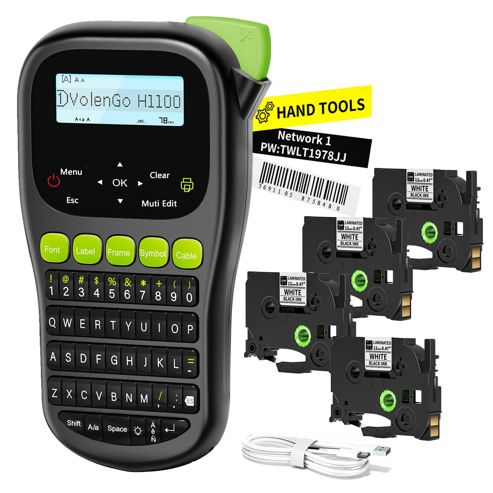 Photo 1 of **FACTORY SEALED** VolenGo Label Maker Machine with 4 Tapes, Wire Label Maker Waterproof-Labels, Laminated Handheld Label Printer, Backlit & Portable & 3 Cable Modes, H1100 Labeler for Industrial Office Organization