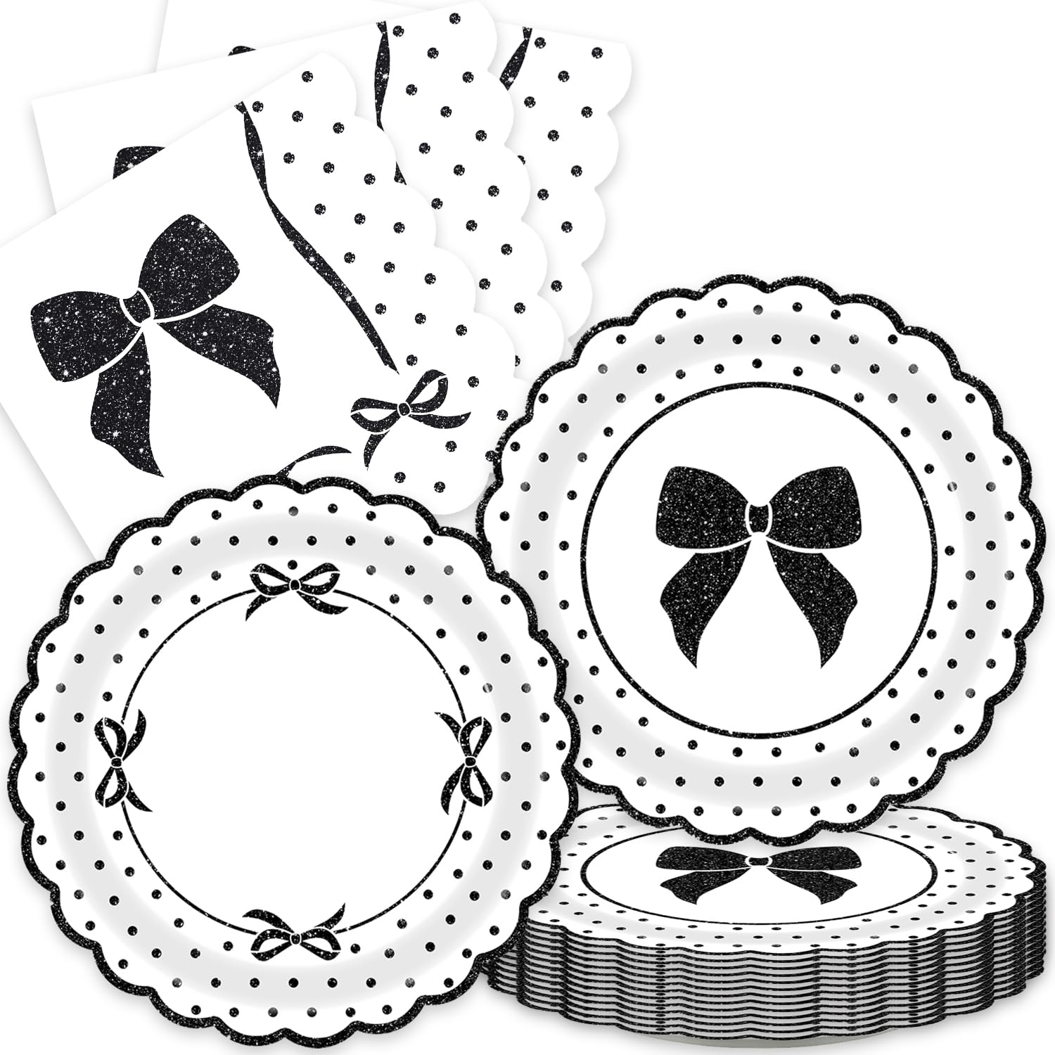 40Pcs Black Bow Birthday Party Decorations for 20 Guests - Disposable Tableware Party Plates and Napkins for Kids Girls Baby Shower Black Bow Birthday