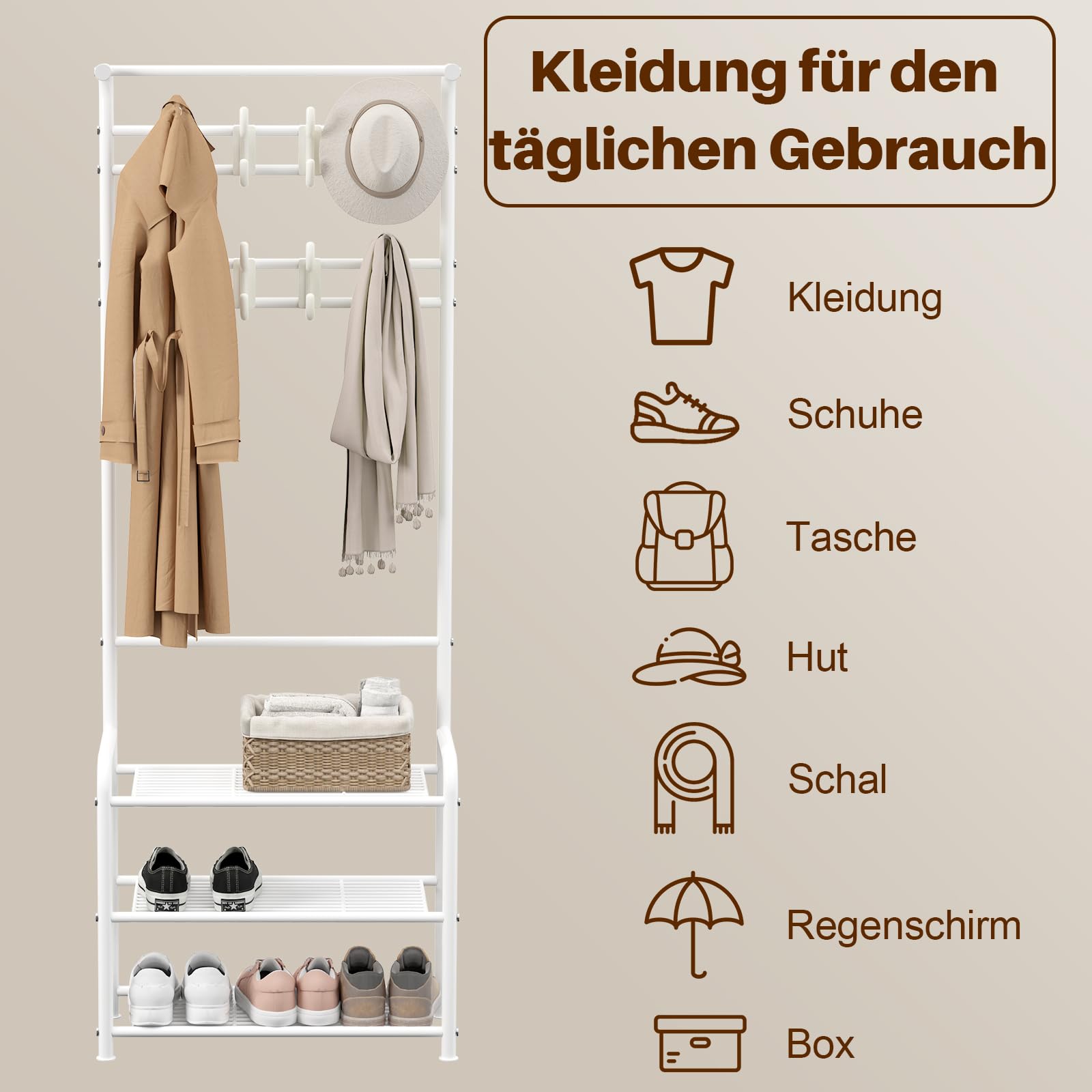 Innotic Garderobenständer mit Schuhregal und Ablage – 3 in 1 Kleiderständer aus Metall, 16 Haken & Höhenverstellbare Füße – Stabile Freistehende Garderobe für Flur, Wohnzimmer, Schlafzimmer (Weiß)