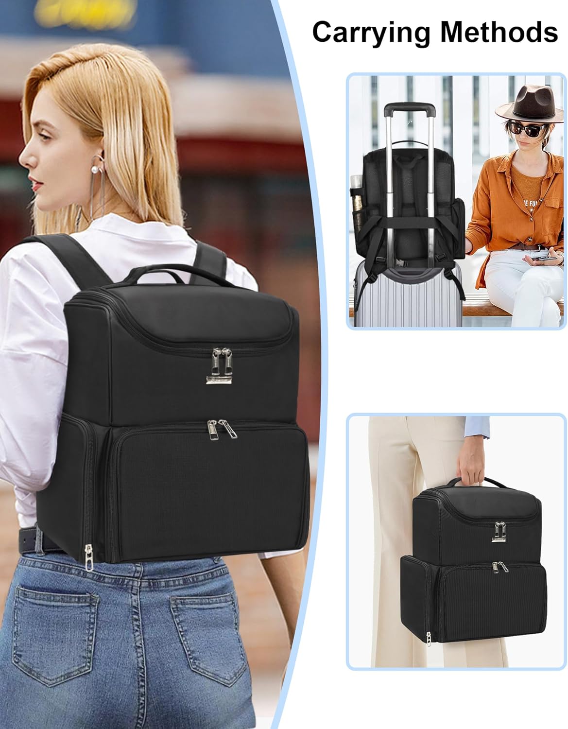 Relavel Makeup Backpack Large Makeup Bag with 3 Clear Set Bags, Dual Layer Professional Cosmetic Organizer Travel Train Case Makeup Artist Kit with Adjustable Dividers & Easy to Clean Lining, Black - Image 7
