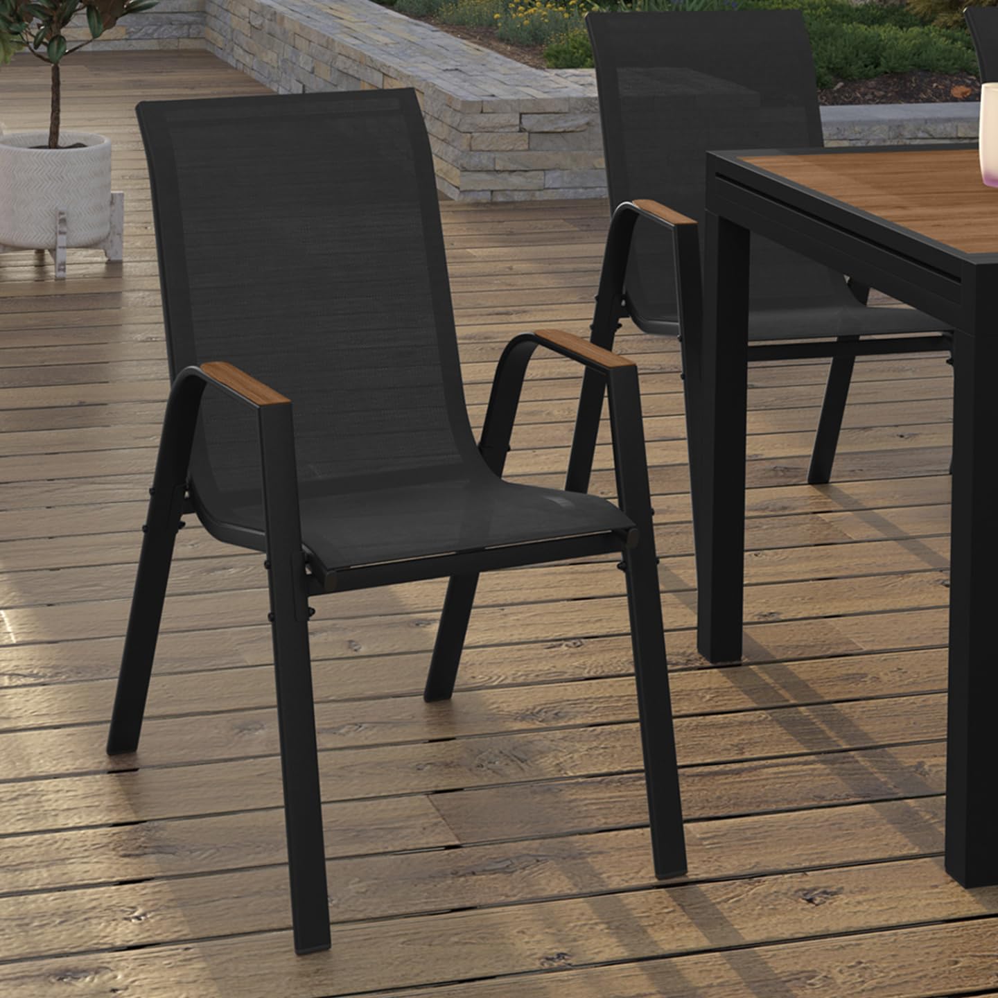 IDMarket - Lot de 6 chaises de Jardin NOUMEA métal et textilène empilables Noir et Bois