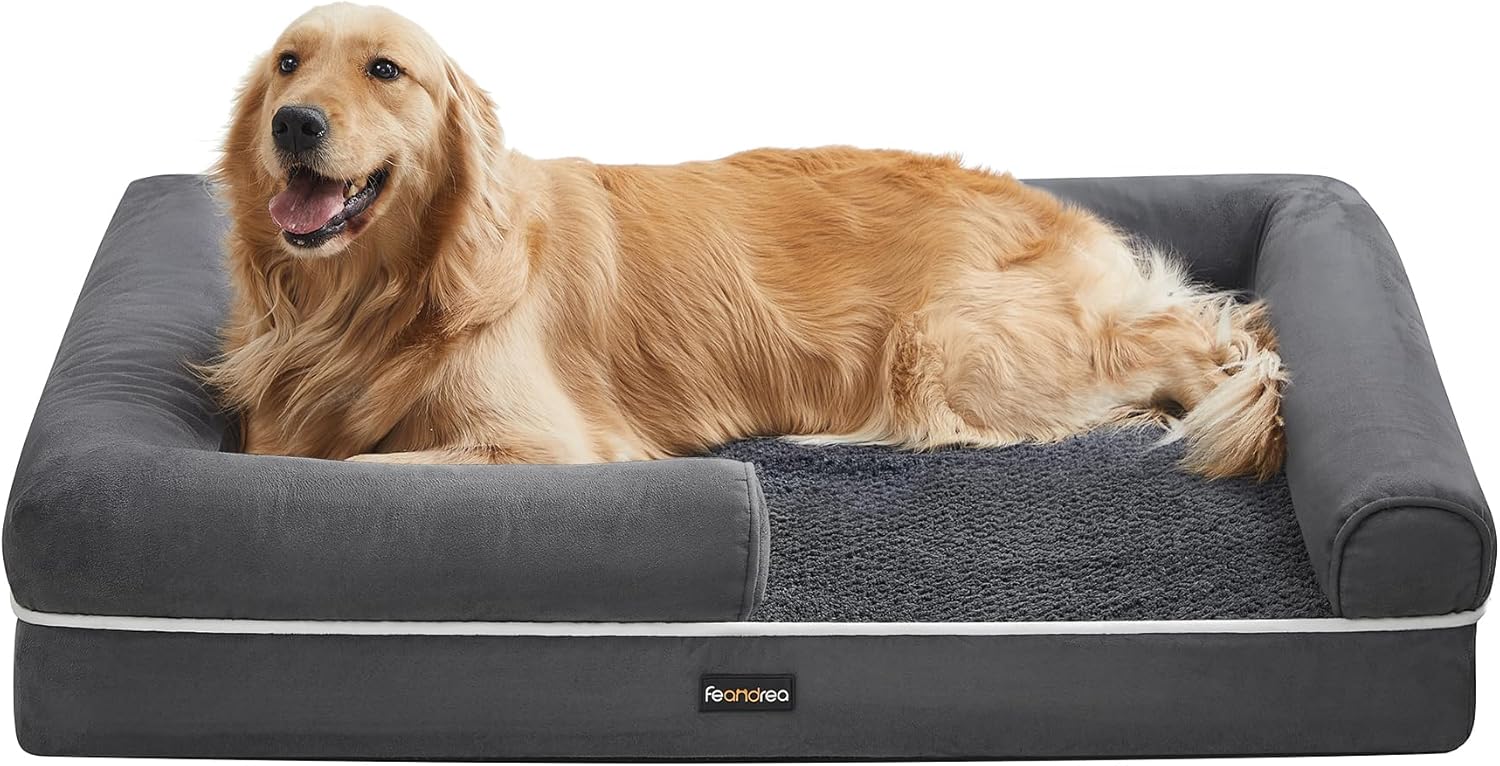 Feandrea Cuccia per Cani Ortopedica, Letto Divano per Animali, Imbottitura Morbida, Bordi Rialzati, Copertura Sfoderabile e Lavabile, 106 x 76 x 18 cm, Fondo Antiscivolo, Grigio Scuro PGW077G01