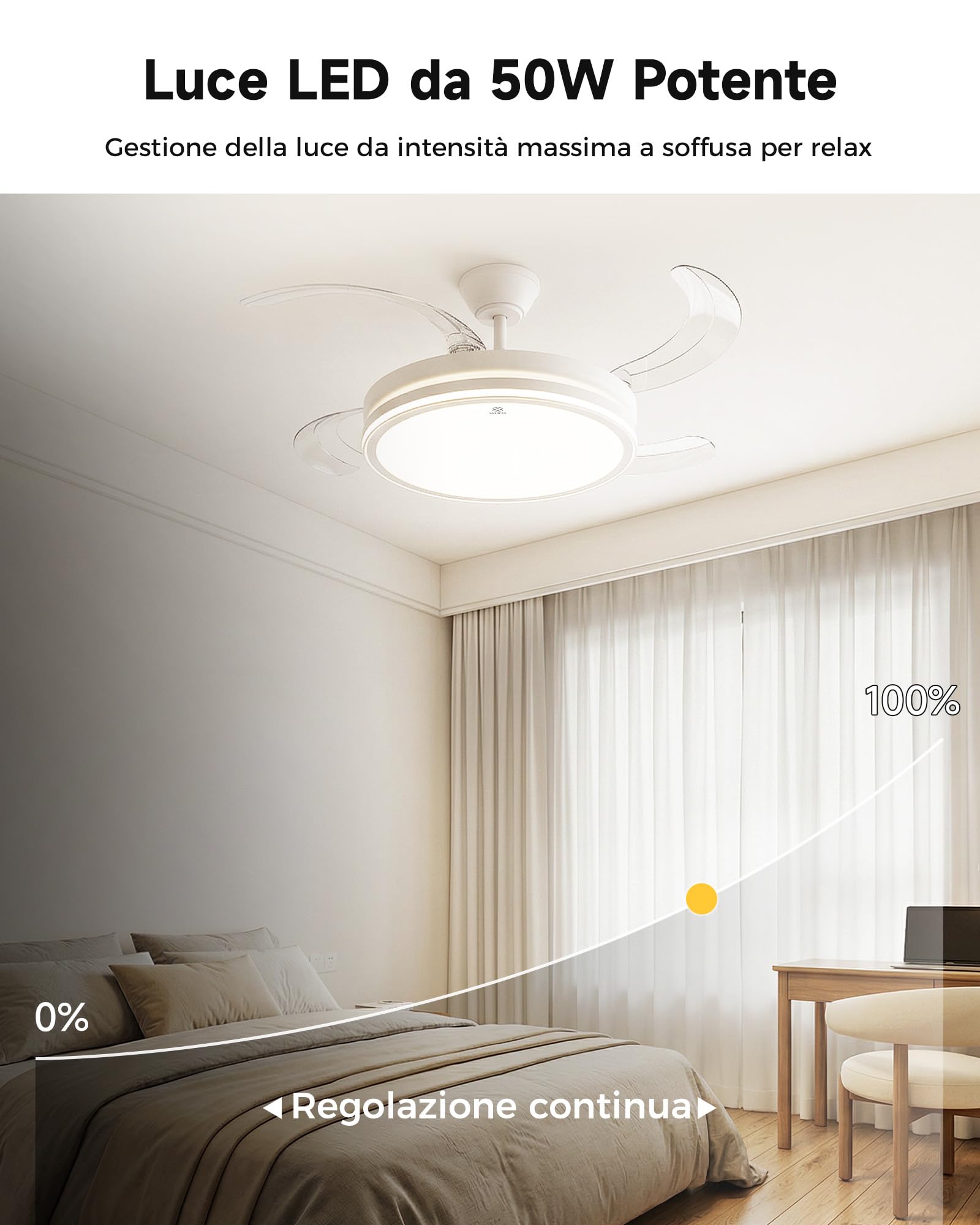 WOOX Ventilatore da Soffitto con Luce, 107cm Lampadario Ventilatore DC | 4 Pale Retrattili Invisibili, LED 50W Dimmerabile (CCT), 6 Velocità, Silenzioso, Estate/Inverno, Telecomando