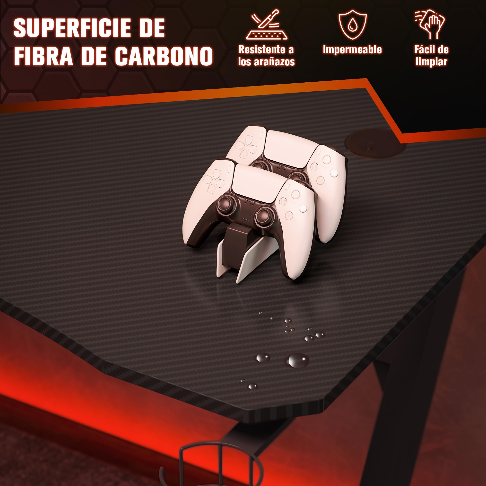 HOMCOM Mesa Gaming 120x65x74,5 cm Escritorio Ergonómico para PC Negro | Gaming Desk, Portavasos, Gancho para Auriculares, Pies Ajustables, Efecto de Fibra de Carbono