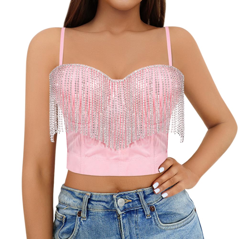 Segreto Women Sexy Rhinestone Crop Top Beaded Feather Bustier Push Up Corset Tank Tops Bra Vest Clubwear Party