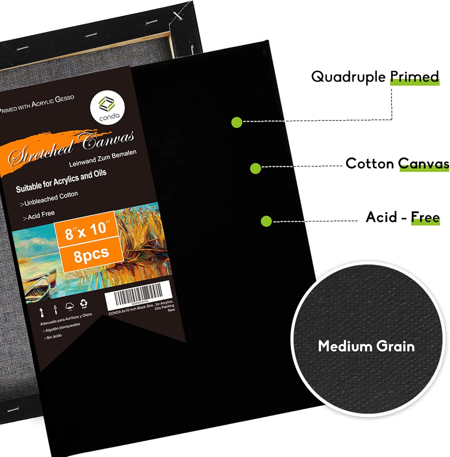 CONDA Black Stretched Canvas 8x10 inches, 8 Pack Canvases for Painting, 100% Cotton, Blank Canvases, 8 oz Gesso-Primed, 5/8 Inch Profile Art Canvas Value Bulk Pack for Acrylics, Oils Painting
