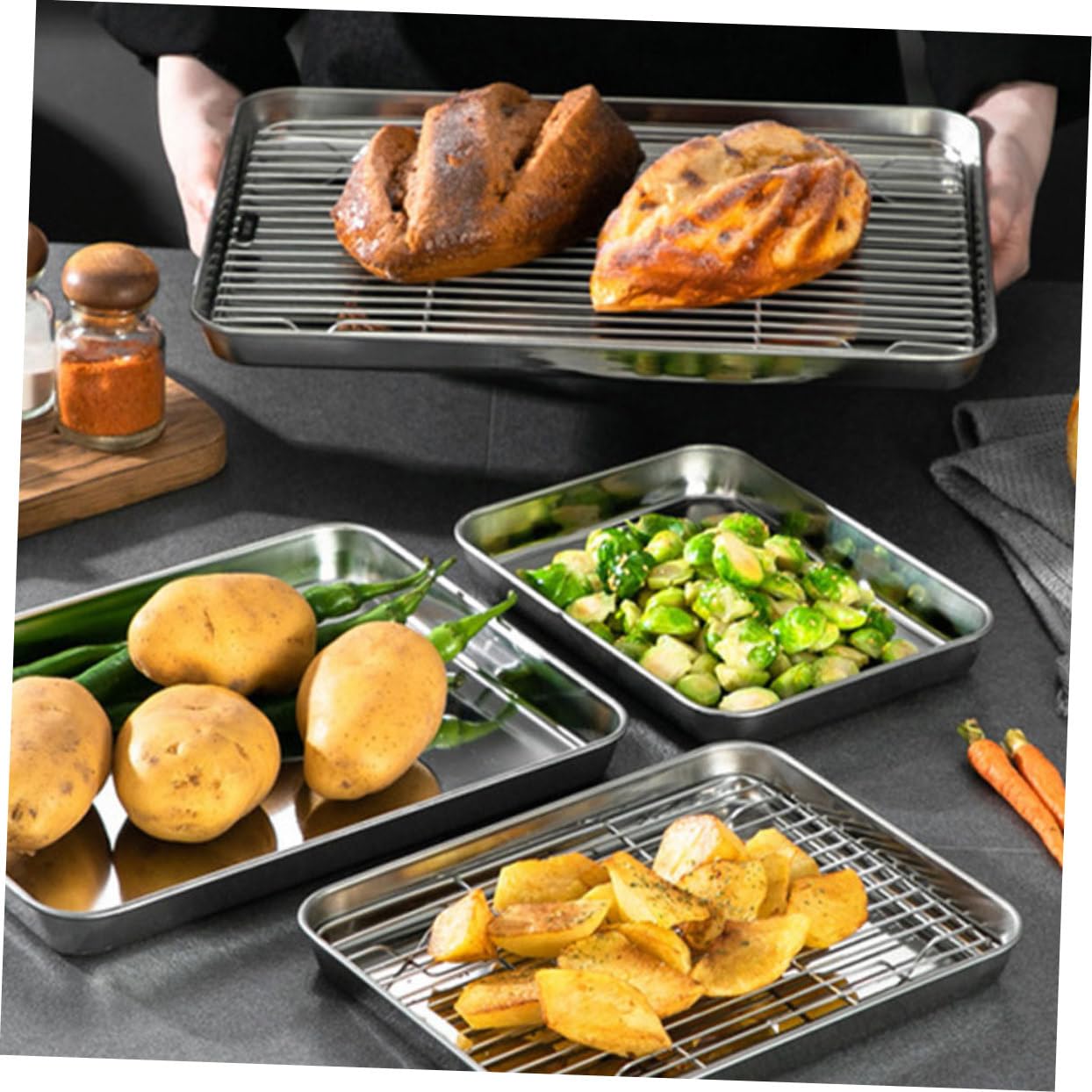 Juego 2 Bandejas Para Hornear Con Rejilla De Acero Inoxidable 430 210 Acero Inoxidable Resistente Para Cocinar y Enfriar, Uso Horno Para Pan, Pasteles, Galletas, Tamaño Compacto