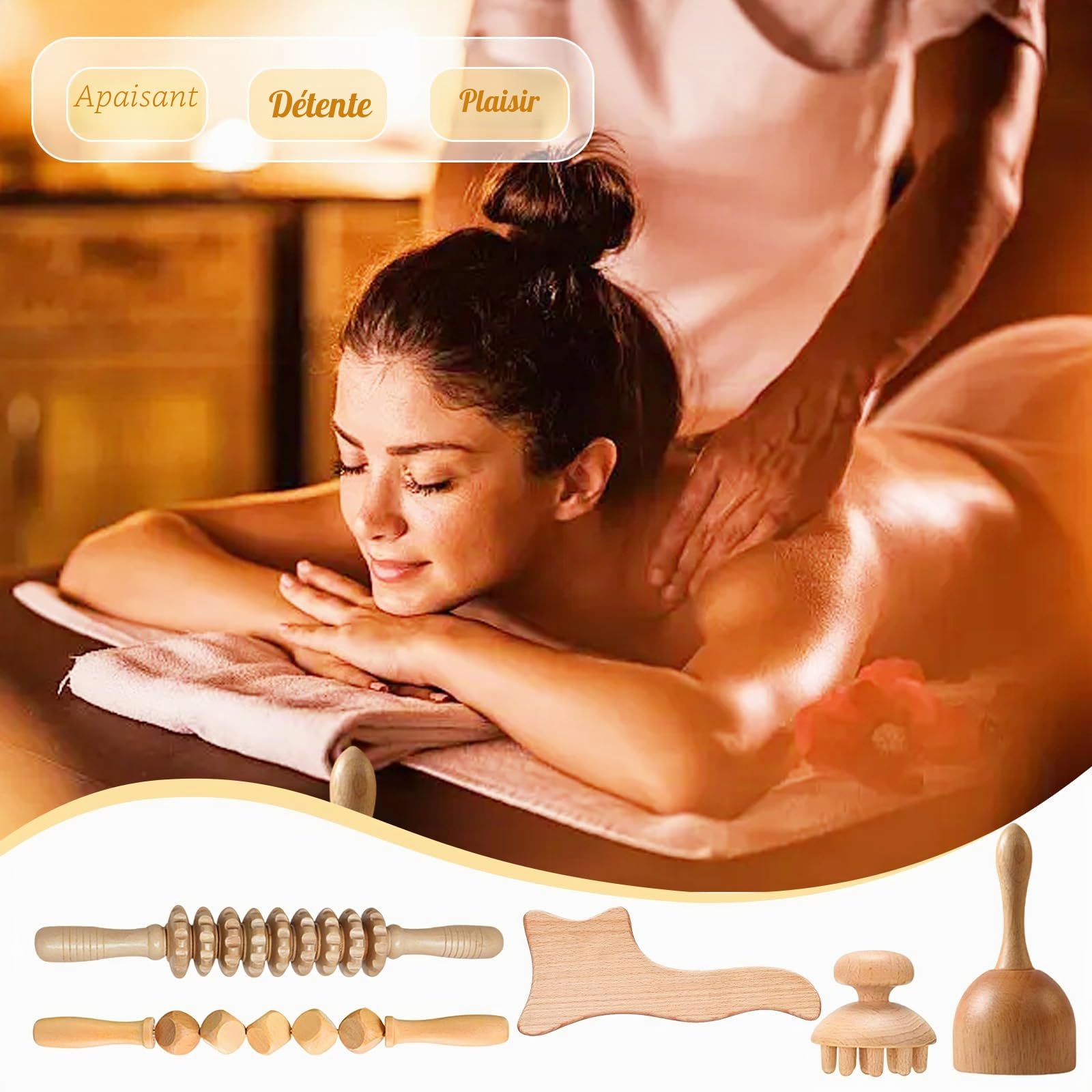 Outils de massage thérapeutique du bois pour le contour et la mise en forme du corps, kit de madérothérapie avec masseur de drainage lymphatique, outils de sculpture du corps en bois, rouleau de