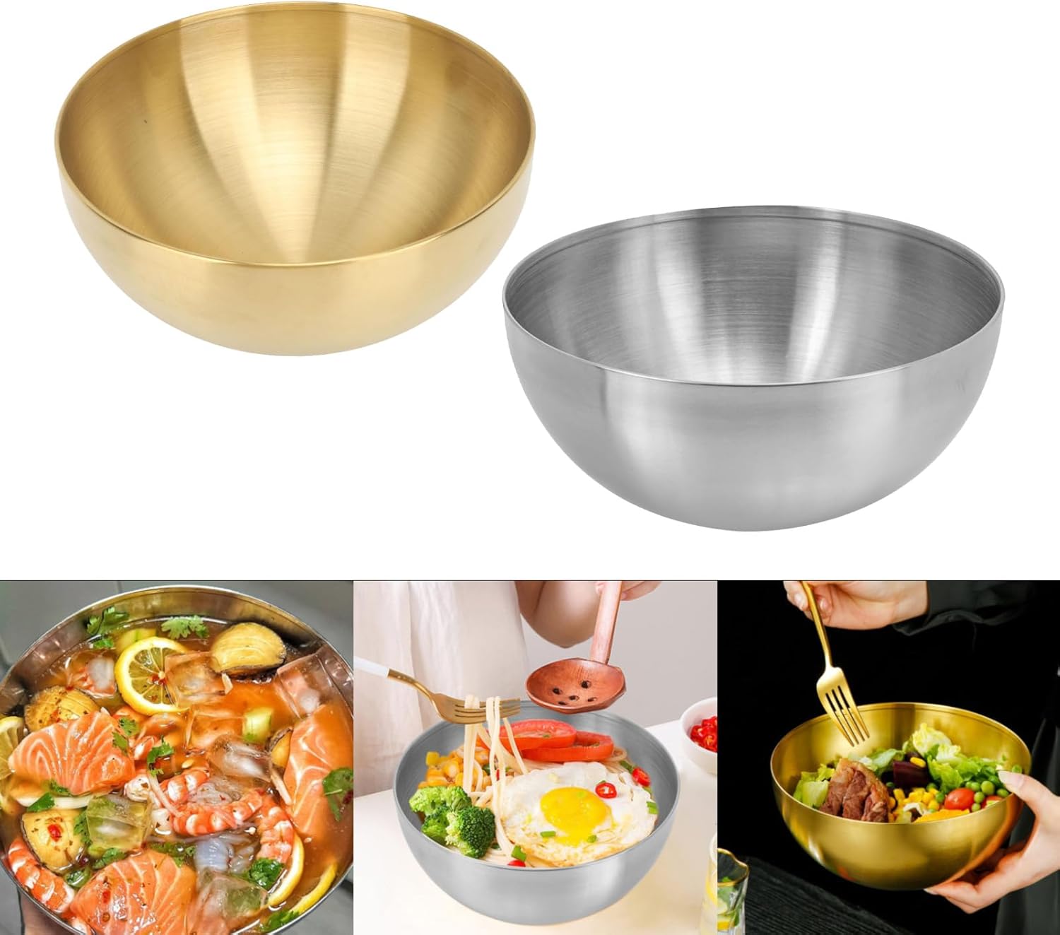Cooking Noodles Bowls, Set of 2, Stainless Steel Ramen Bowl, Snack Salad Bowls Mixing Bowls, Round Baking Serving Bowls, Soup Bowls for Pasta Fruit Salad Rice Food,Gold Silver,25cm
