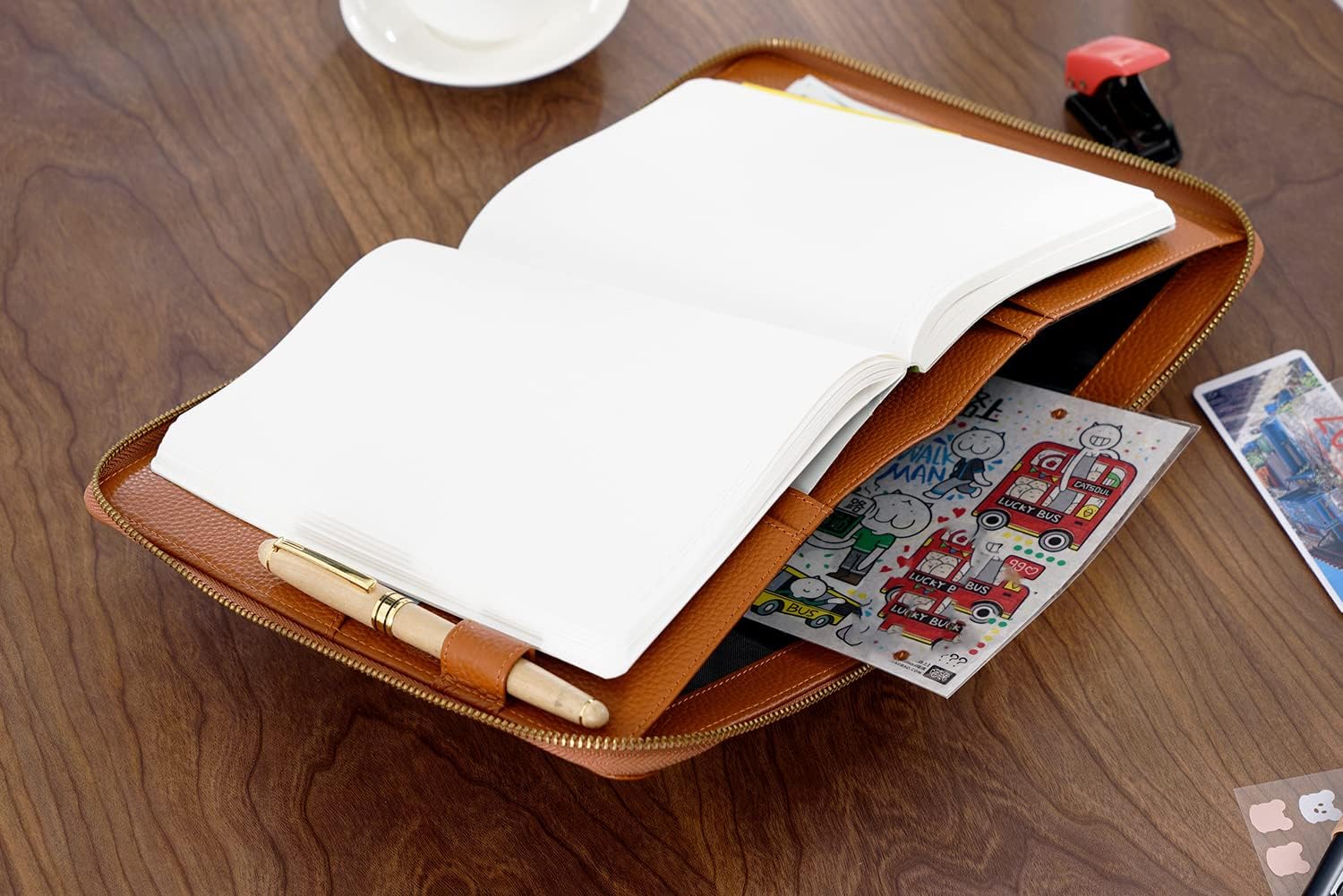 Moterm Zippered Leather Cover for A5-Notebooks - Fits Hobonichi Cousin, Stalogy and Midori MD Planners (Pebbled-Burnt Orange)