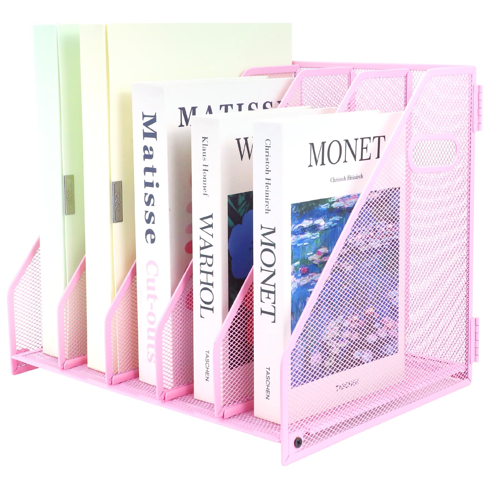 IOUGDSEC Metal Magazine File Holder for Desk with 5 Vertical Compartments, A4 Document File Holder with handle, Mesh Durable Desktop File Rack for Office School and Home, Pink