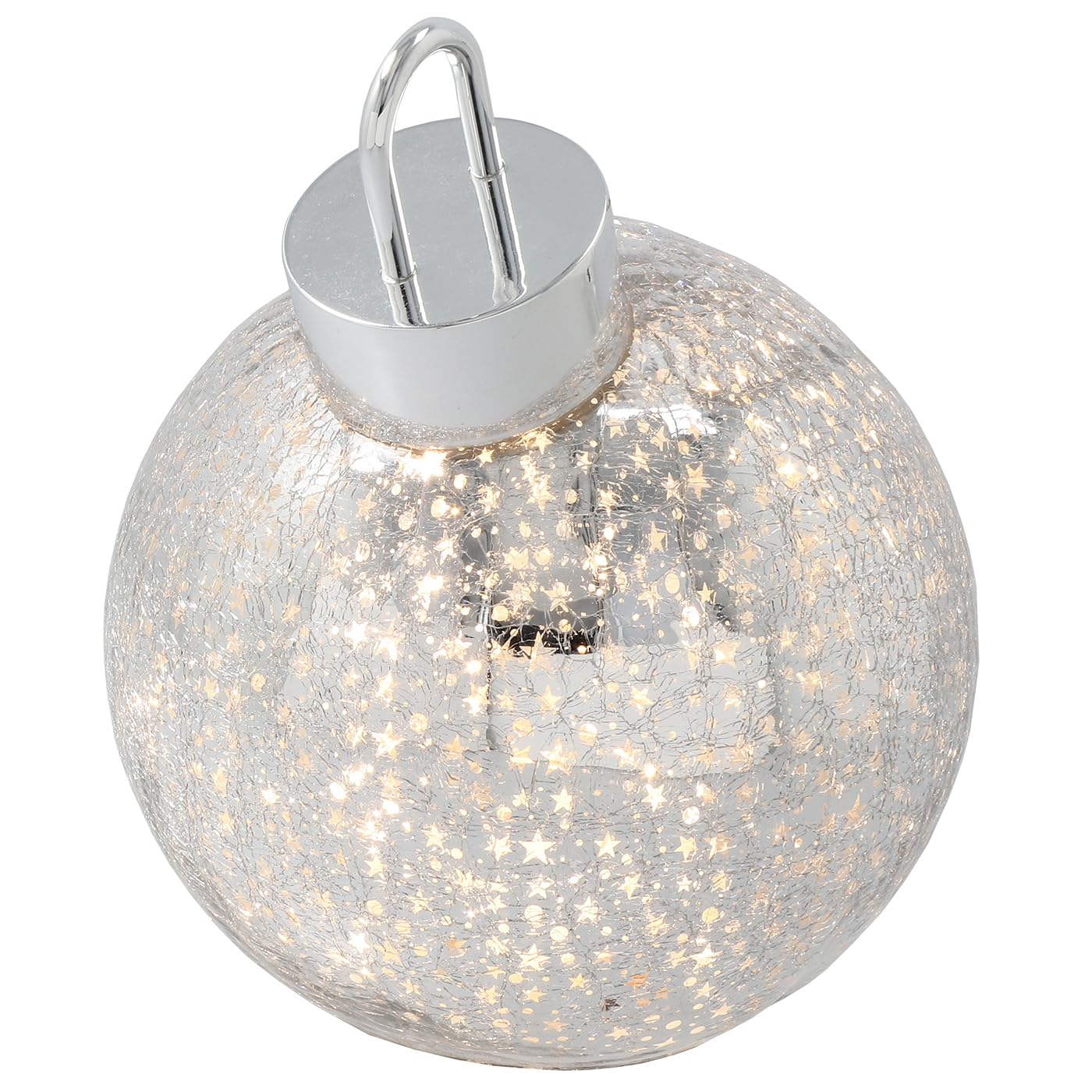 Shudehill Giftware LED Crackle Glass Bauble Collection Light Up Christmas Decorations Assorted Sizes Gold and Silver (Silver Medium Height 17x Width 15x Depth 15cm)
