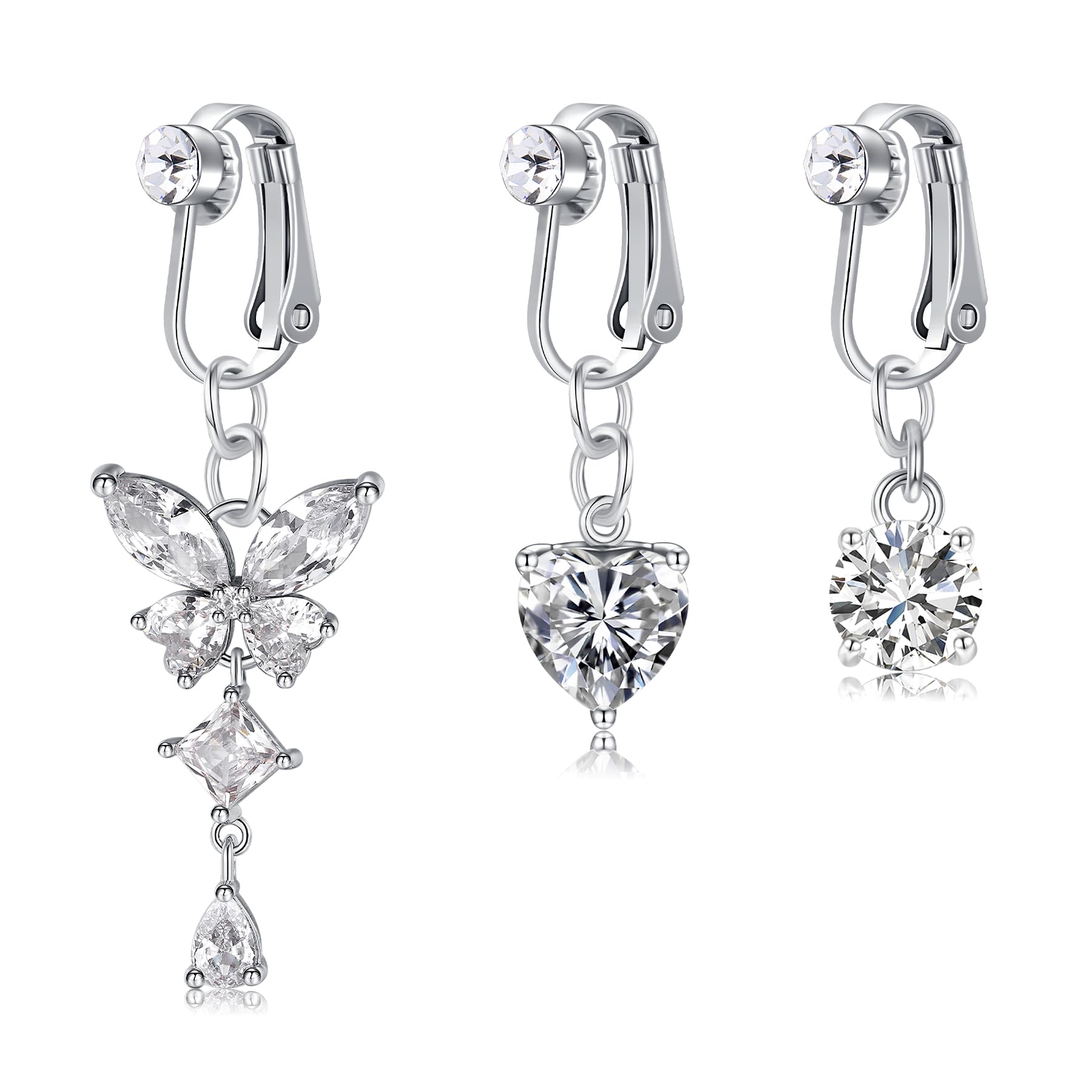 NIUSIMAN3 piezas piercing ombligo falso,Clip de plata en el ombligo Piercing de acero quirúrgico Zirconia Corazón Cristal Bola Colgante Clip en falso ombligo Piercing Mariposa largo para señoras