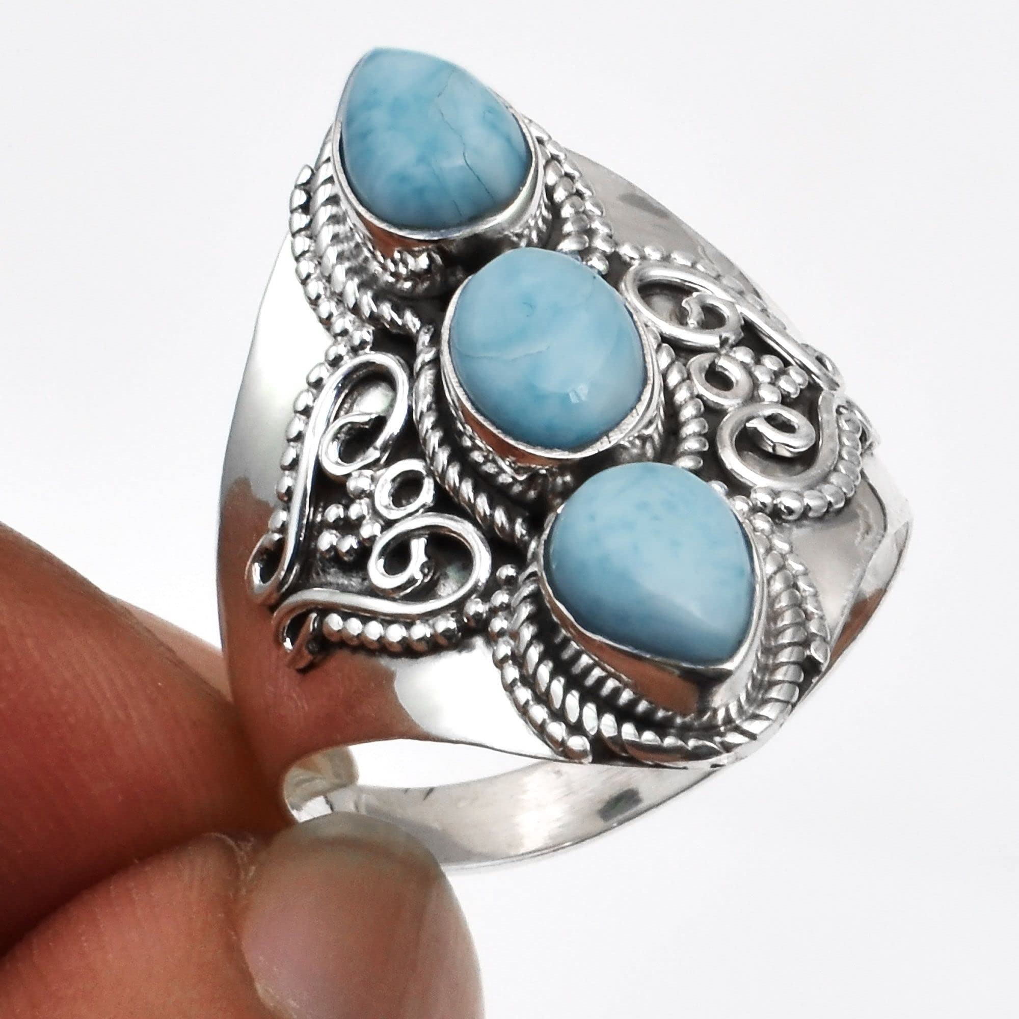 Anillo de plata de ley 925 con tres piedras de larimar natural para mujeres y niñas