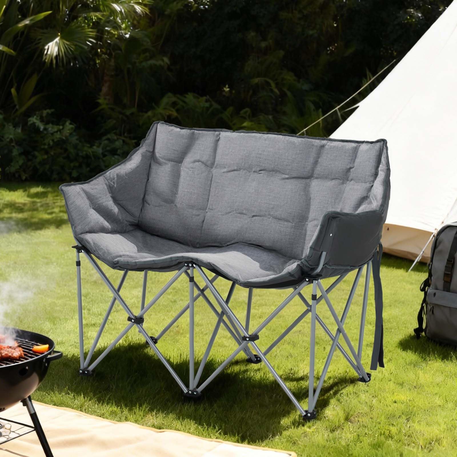 Aoxun Campingstuhl Faltbar Breit Campingsofa für 2 Personen Doppel Klappstuhl Camping Faltsofa 124CM, Campingcouch Dick Gepolstert Klappstuhl XXL 2 Sitzer Hohe Lehne für Outdoor Garten Balkon Indoor