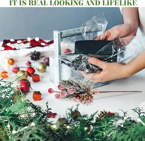 Miniatura 3 de MAGICLULU 10 piezas de ramas artificiales de pino de bayas rojas de Navidad, púas de pino, tallos de acebo surtidos con pino para arreglos florales