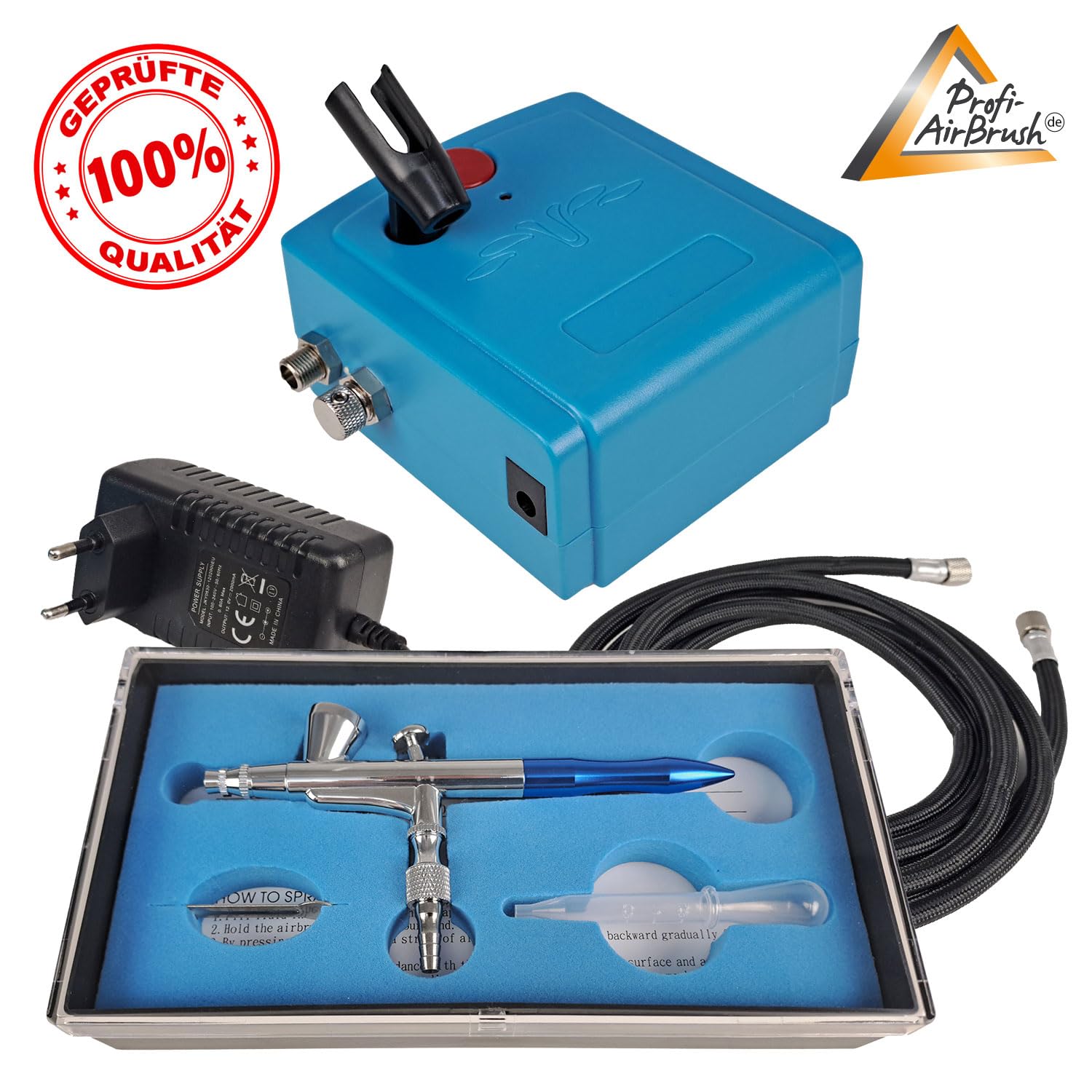 Carry I Airbrush Set zestaw kompresorów do aerografu, pistolet natryskowy Single Action 207D z igłą/dyszą 0,3 mm, optymalny zestaw do aerografu dla wszystkich początkujących w przystępnej cenie.