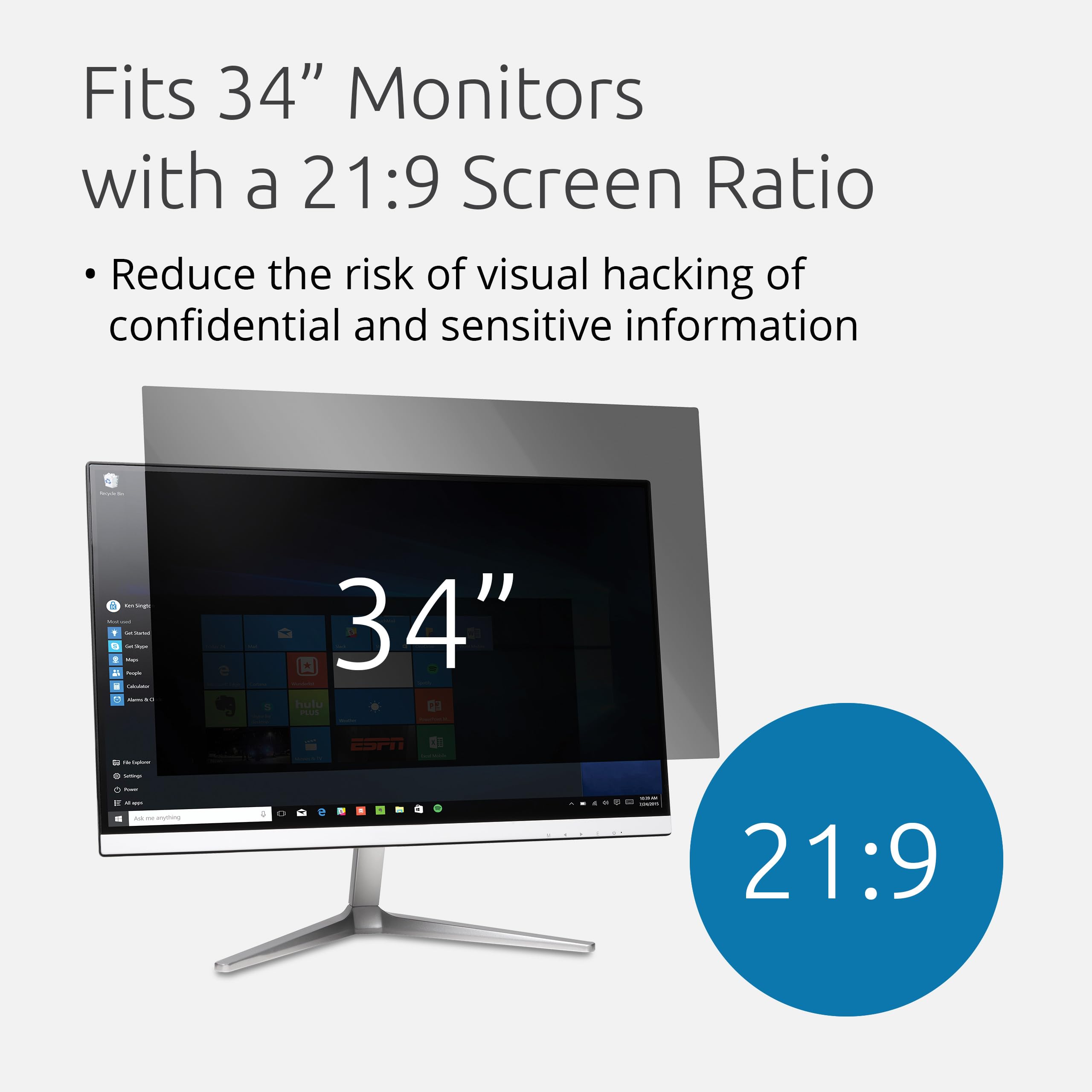 Kensington Filtro de privacidad de Pantalla para monitores de 34", 21:9, extraíble de 2 vías Compatible con LG, viewsonic, Samsung, benq Protege Datos confidenciales,.