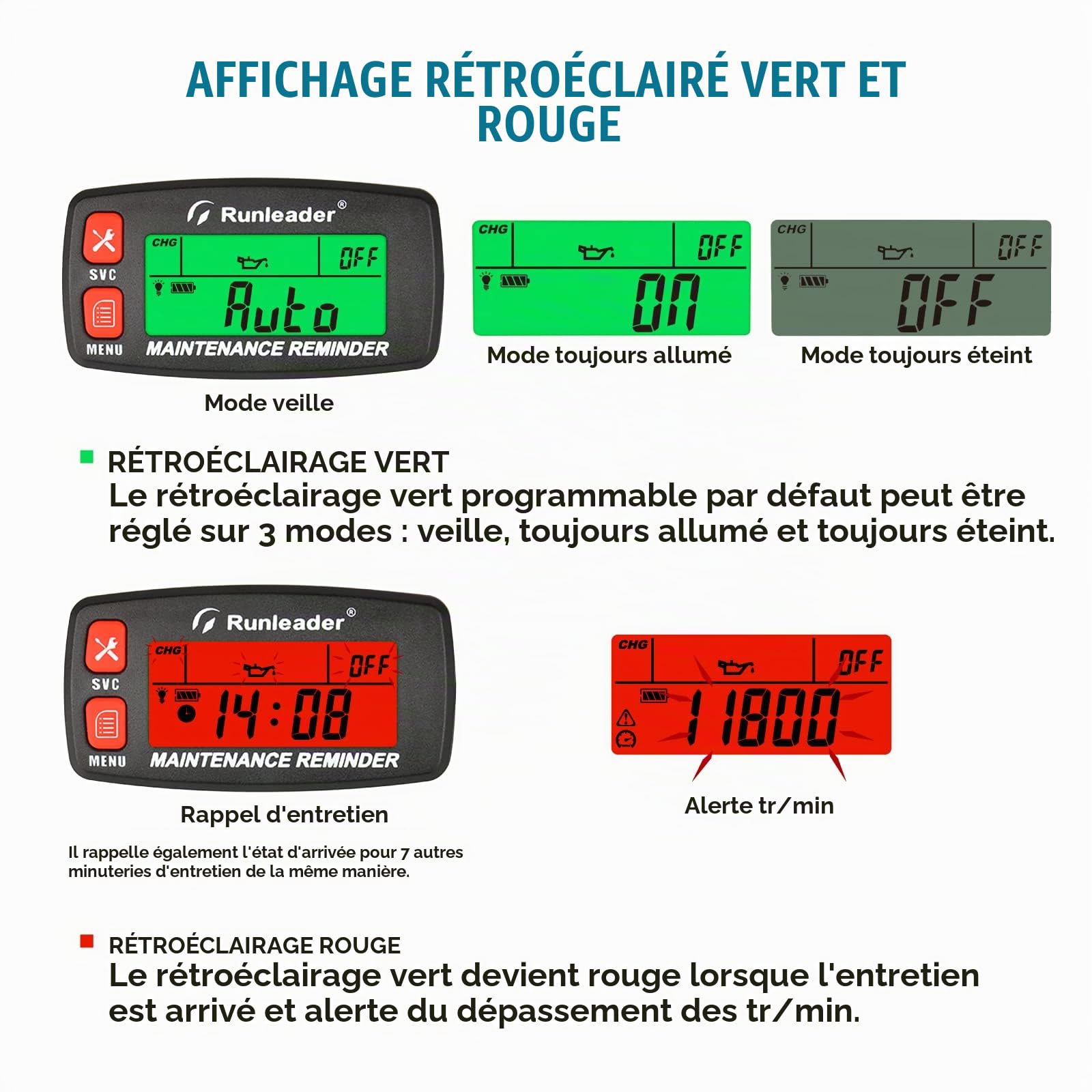 Tachymètre de compteur horaire auto-alimenté numérique Runleader, alerte de régime, rappels d'entretien multiples, affichage et sélection de rétroéclairage pour tondeuse à gazon générateur.