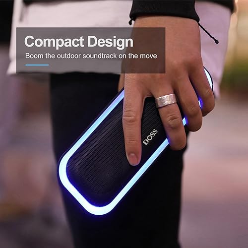 Miniatura 8 de DOSS SoundBox Pro Altavoz Bluetooth, sonido estéreo de 20 W, graves extra, tiempo de reproducción de 20 horas, luces multicolor, IPX6 para el hogar,