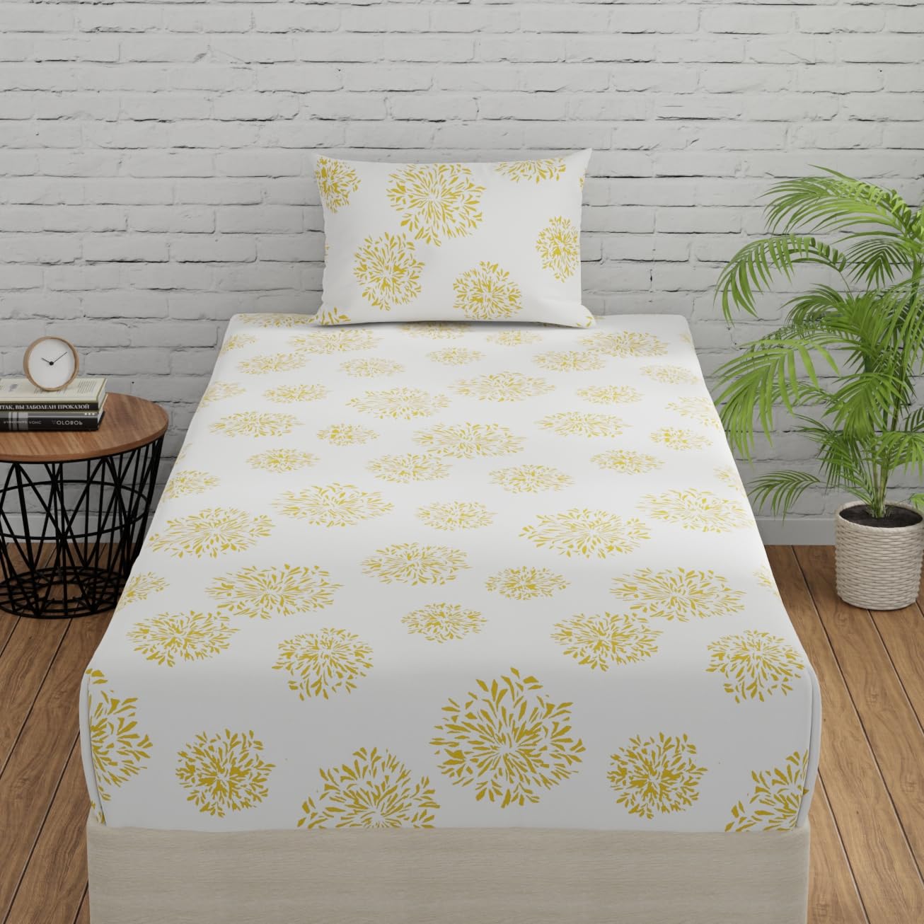 Huesland by Ahmedabad Cotton 144 TC Elastic Fitted Bedsheet for Single Bed with 1 Pillow Cover | 36 x 78 inches | White (Yellow Print)