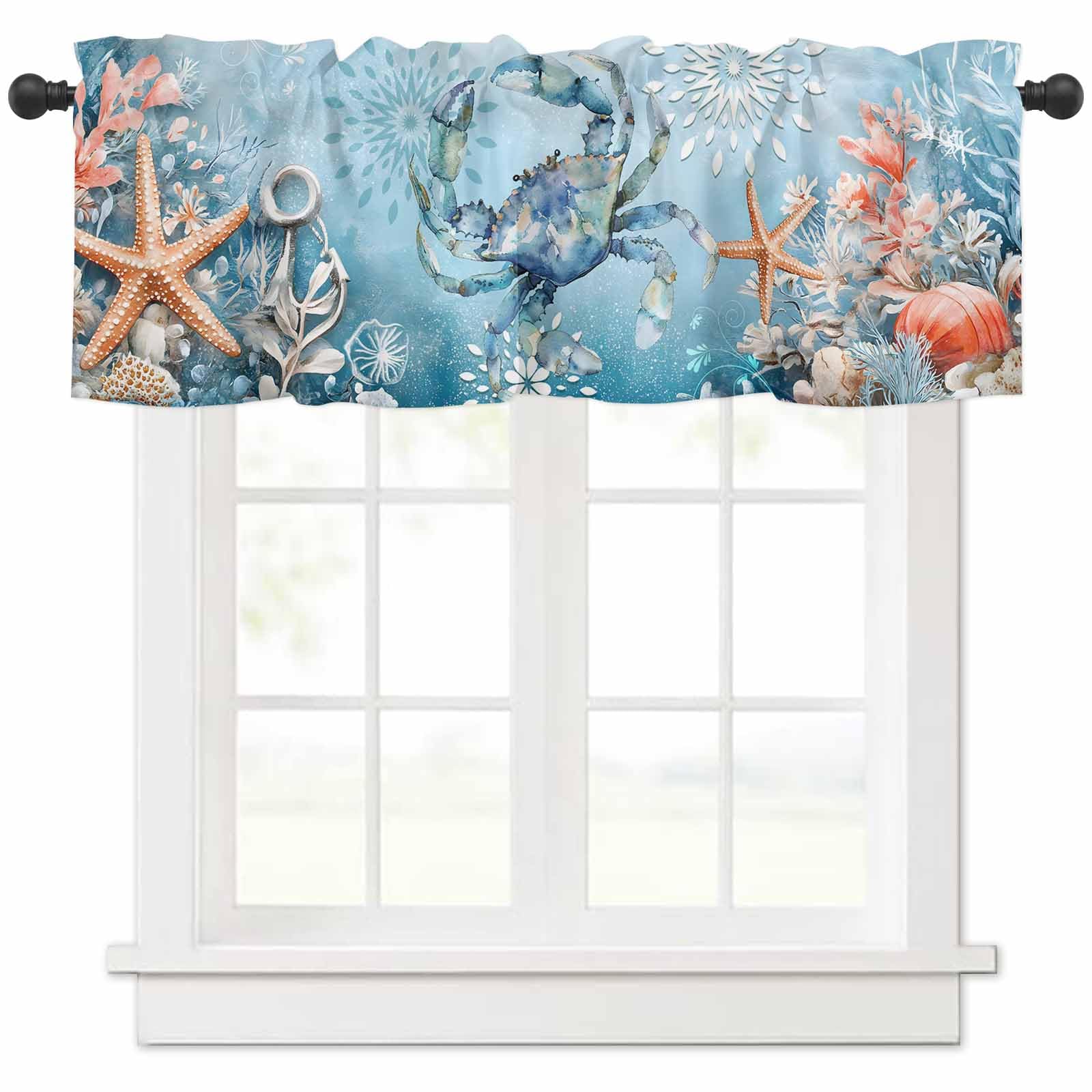 RisQiten Blue Coastal Crab Valances for Windows, Summer Beach Kitchen Curtains Window Treatment, Ocean Nautical Starfish Botanical Rod Pocket Short