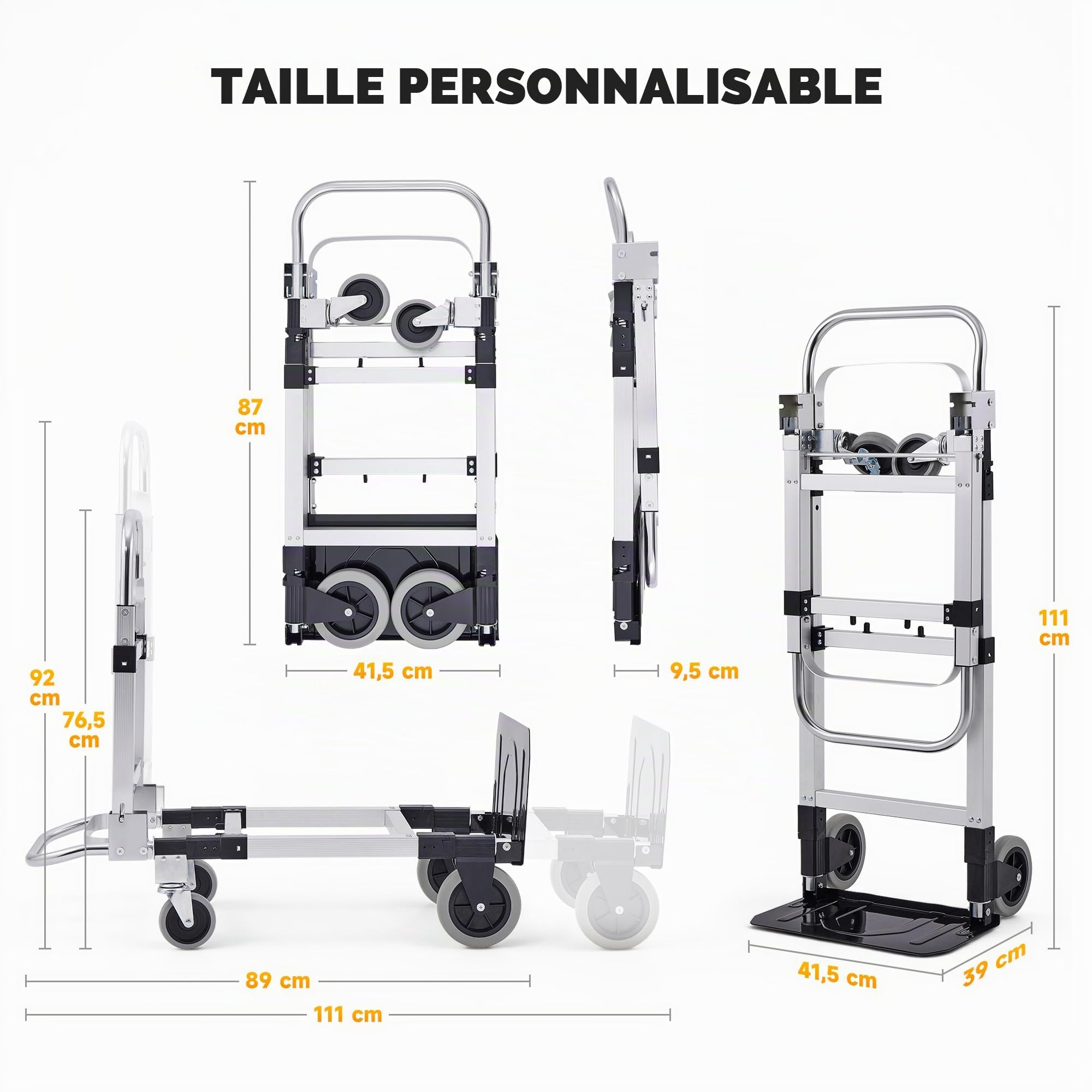 CREWORKS 2 en 1 Diable Pliable Chariot de Déménagement Convertible, Charge 110kg/270kg Hauteur Réglable, Roues Pivotantes Verrouillables, en Alliage d'Aluminium
