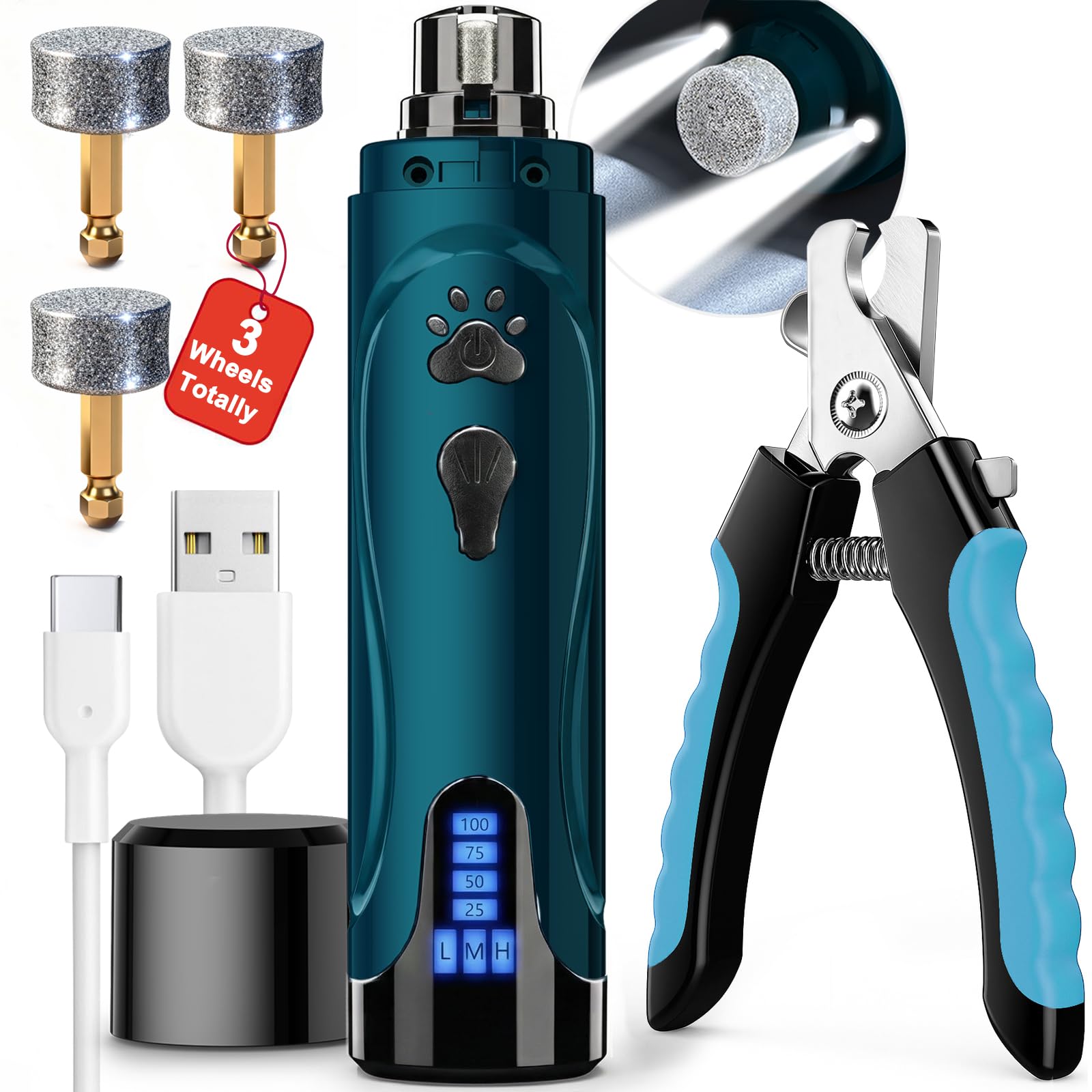 YABIFE Dog Nail Trimmers and Dog Nail Clippers Kit, Whisper Quiet Electric Grinder with Light, for Small, Medium, Large Dogs, Cats Toenail Grooming, 3 Speeds