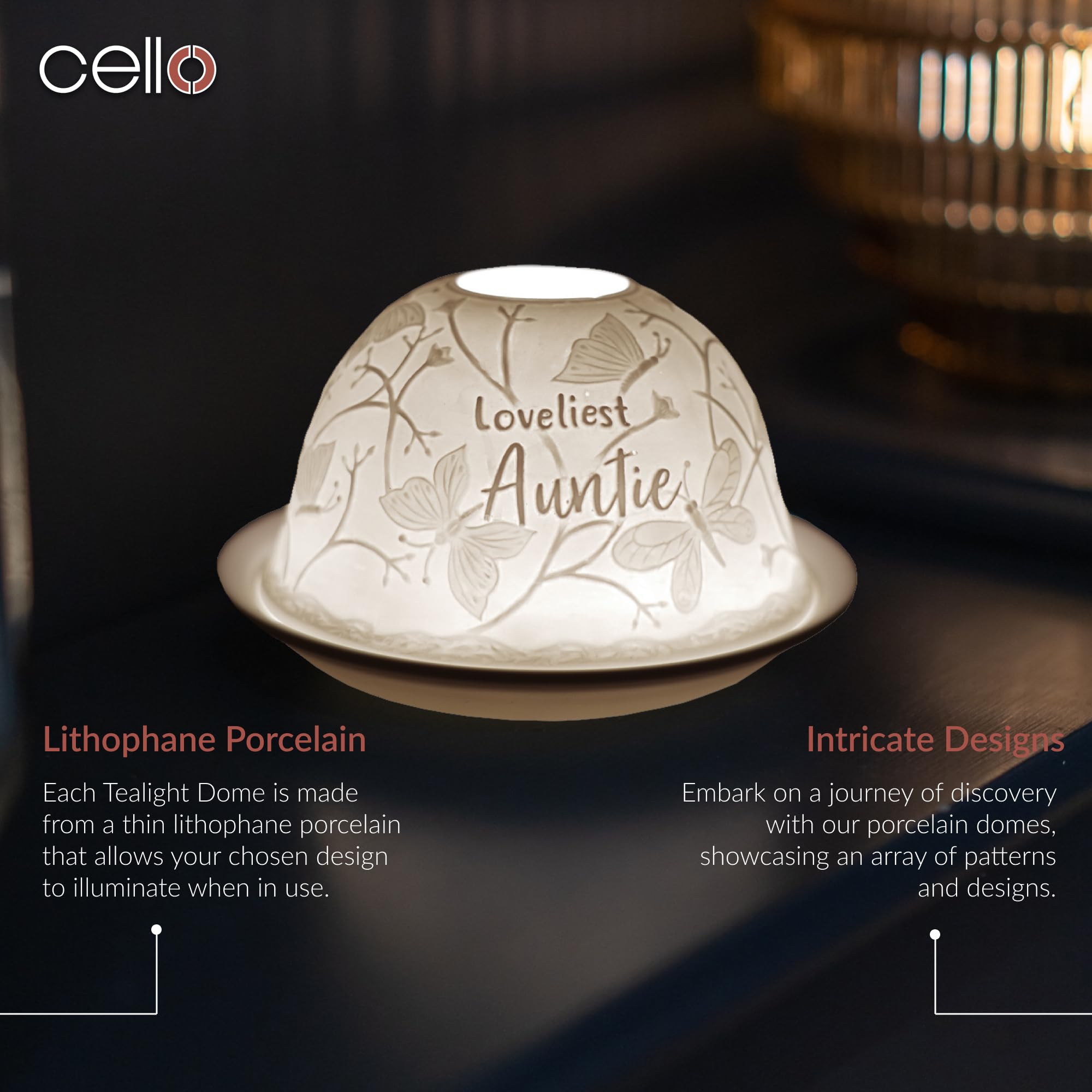 Cello Porcelain Tealight Holder Dome - Loveliest Auntie Design with 3D Projection Image & Loving Message Scented Unscented LED Lights Candle Wax Warmer from Niece Nephew Easter Gifts Women Present